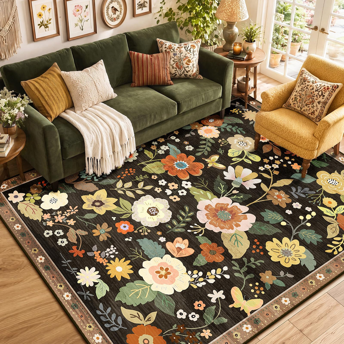 RELEANY Floral Washable 5x7 Area Rugs Black