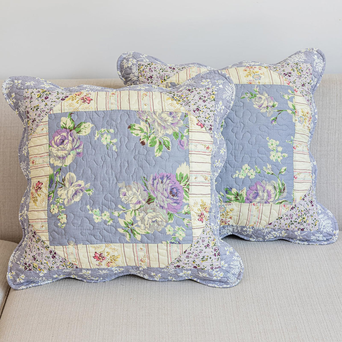 vctops Set of 2 Quilted 100% Cotton Boho Throw Pillow Covers 18" x 18" Farmhouse Country Floral Patchwork Decorative Cushion Cover, Patchwork Flower M