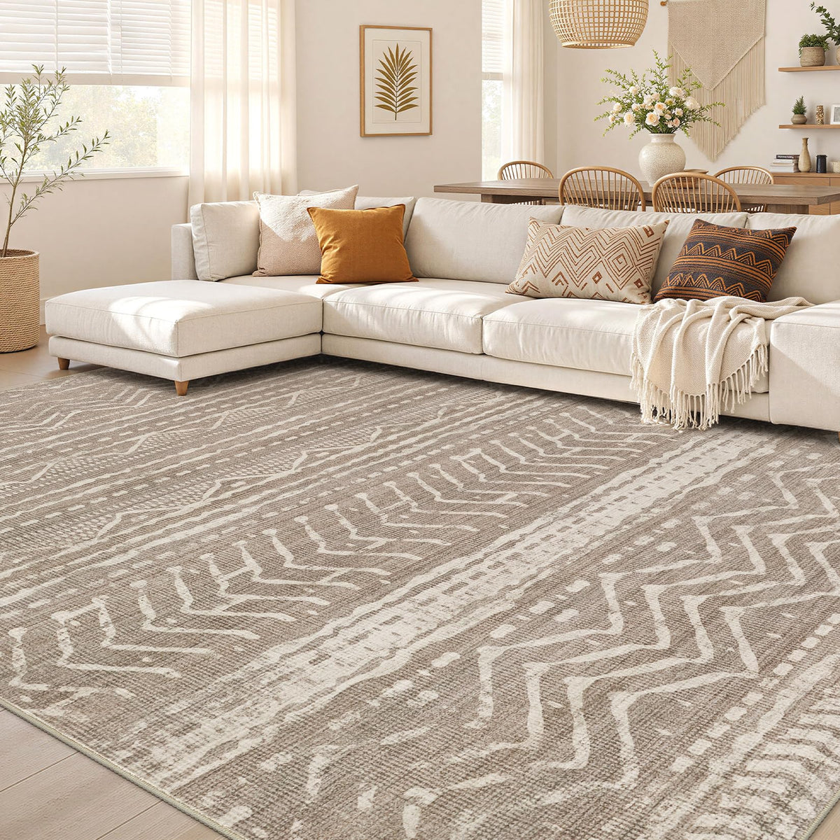 Nakagishi Boho 5x7 Area Rug Living Room Rugs Machine Washable Beige/Brown