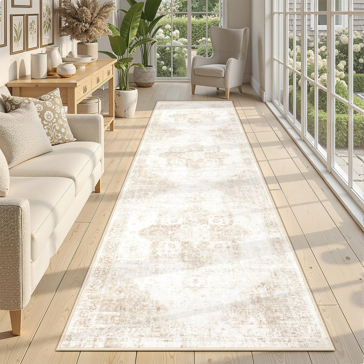 Area Rug 8x10 Washable Rug, Vintage Boho Medallion Rugs Non-Slip Soft Low Pile Large Distressed Rug Indoor Retro Carpet for Living Room Bedroom Dining Room Office Children's Room(Beige, 8'x10')