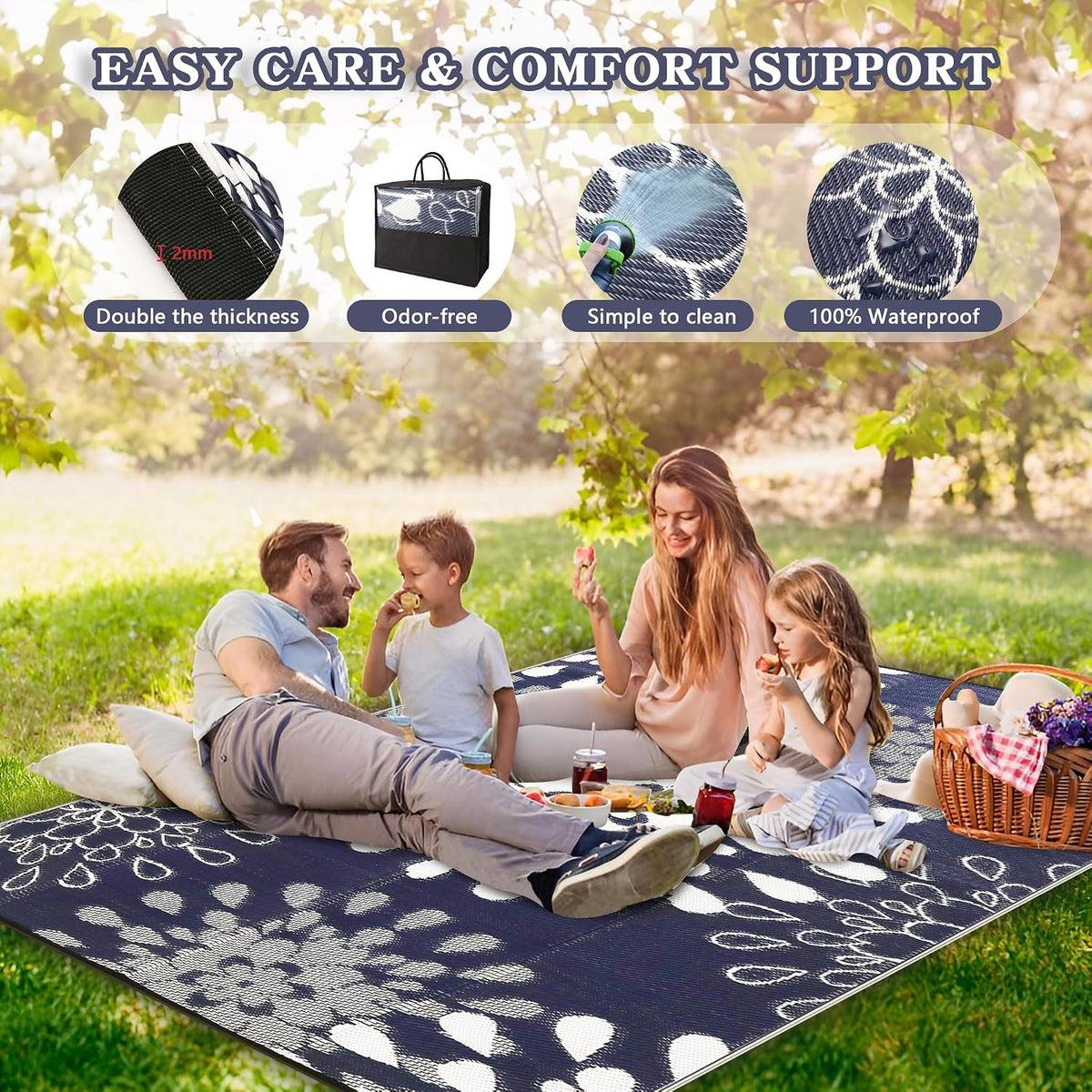 Wallona Outdoor Rug 5x8 ft, Flower Blue & White