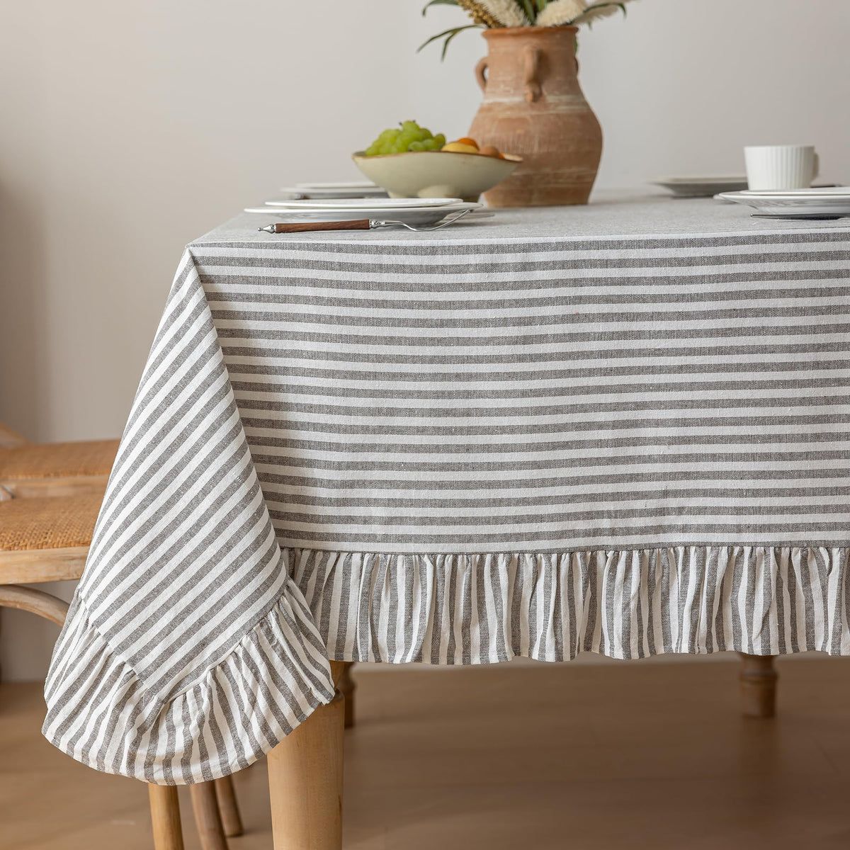 Striped Cotton Blend Tablecloth Ruffled Table Cloth Blue, 60"×120"