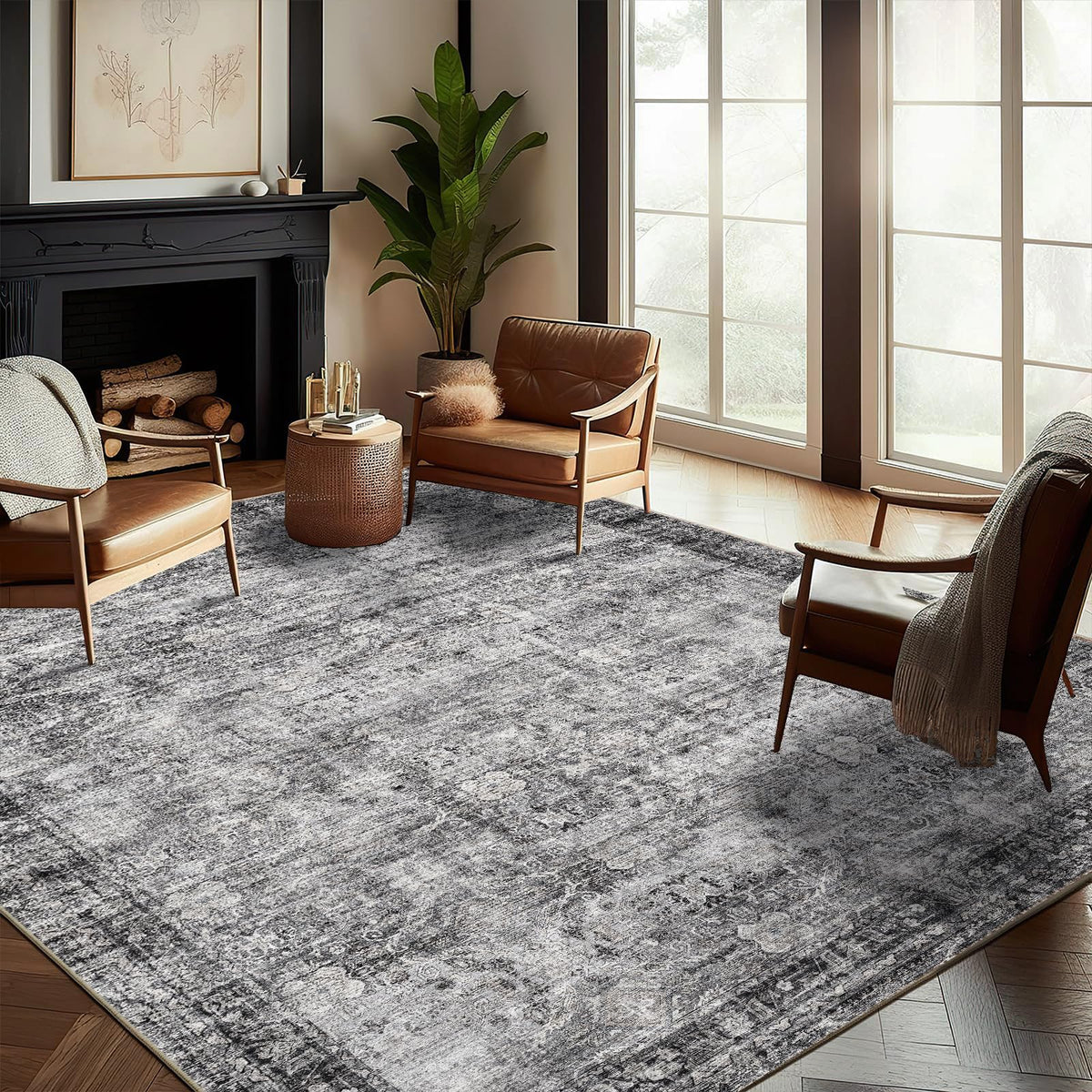 CHAMPLANT 6'x9' Washable Vintage Area Rug Boho Chic Medallion Distressed Design Non-Shedding Easy Care Ideal for High Traffic Areas in Living Room Bedroom Kitchen Office Large Carpet