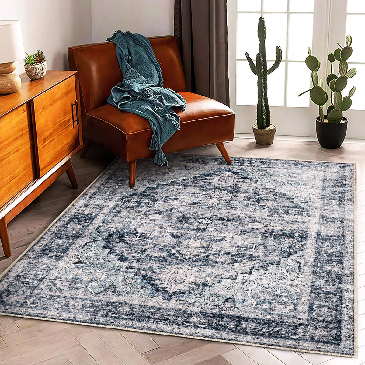 CHAMPLANT 6'x9' Washable Vintage Area Rug Boho Chic Medallion Distressed Design Non-Shedding Easy Care Ideal for High Traffic Areas in Living Room Bedroom Kitchen Office Large Carpet