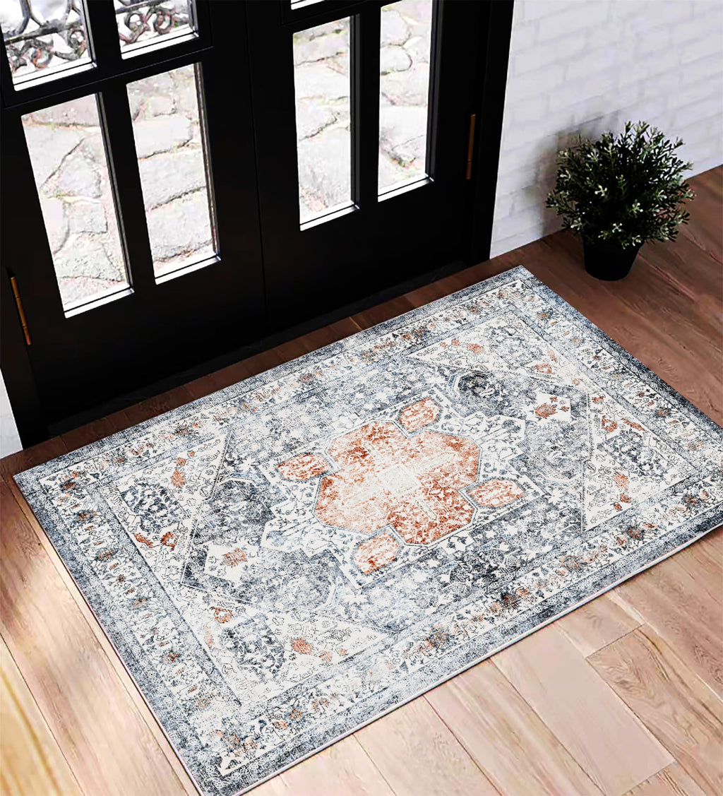 CHAMPLANT 6'x9' Washable Vintage Area Rug Boho Chic Medallion Distressed Design Non-Shedding Easy Care Ideal for High Traffic Areas in Living Room Bedroom Kitchen Office Large Carpet