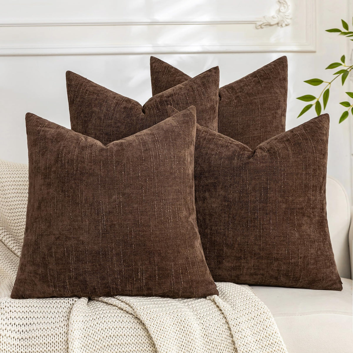 Set of 4 Soft Textured Throw Pillow Covers 18x18 Inch Cozy Decorative Farmhouse Cushion Cover Square Accent Pillow Cases for Bed Couch Sofa Living Room, Beige Taupe Brown