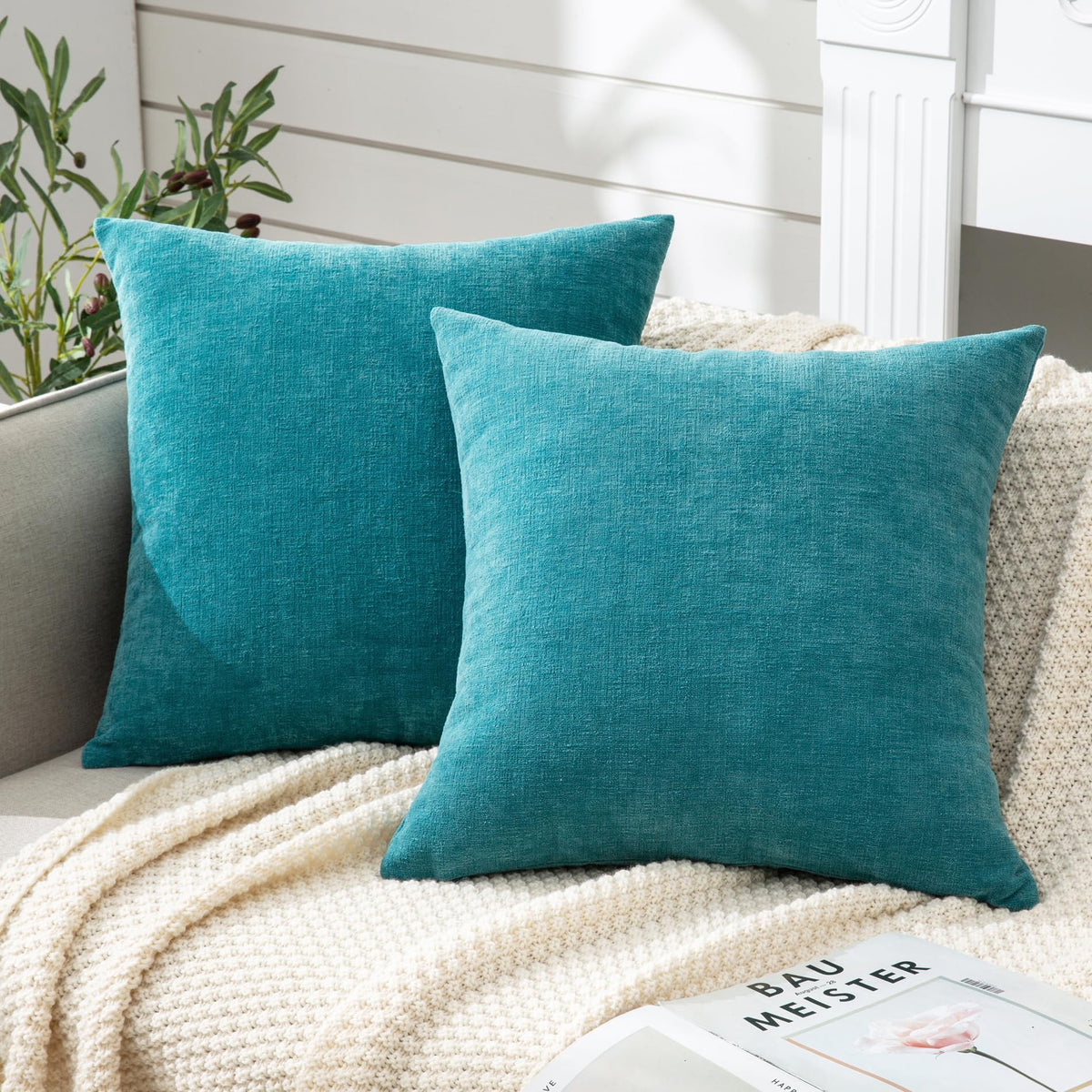 GAWAMAY Decorative Throw Pillow Covers 16x16 Inch Set of 2, Super Soft Chenille Square Pillows Farmhouse Fall Pillowcase for Living Room Bedroom Sofa Couch Cushion Cover Navy Blue 40x40cm