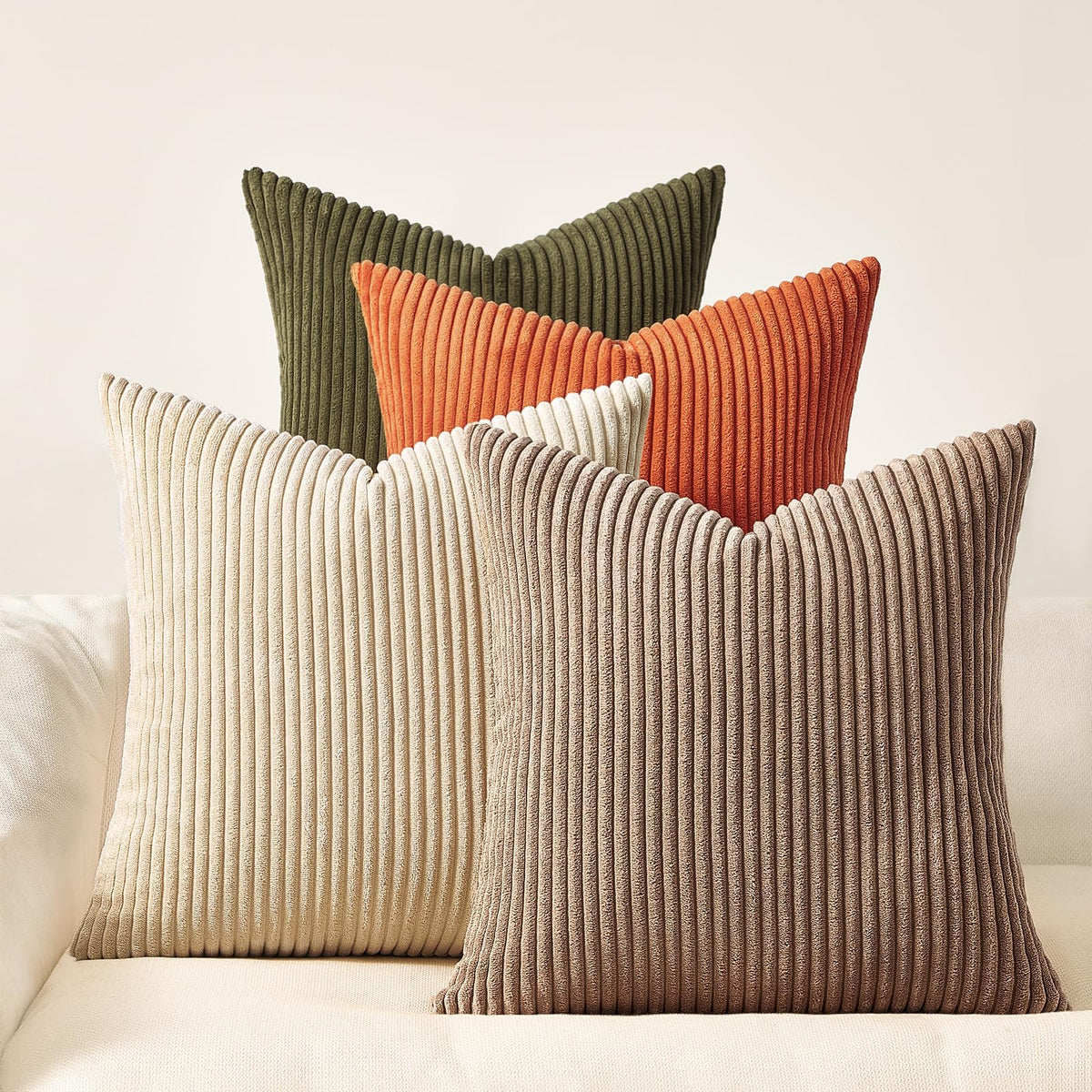 Topfinel Fall Burnt Orange Decorative Throw Pillows Covers 18x18 Inch Set of 4,Yellow Green Gradient Series Corduroy Striped Square Pillow Case,Western Modern Cushion Cover for Couch Sofa Bedroom