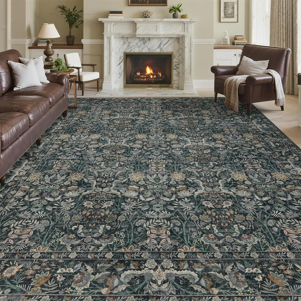 Vintage Botanical Area Rug 8x10: Floral Carpet Non-Slip - Dark Green