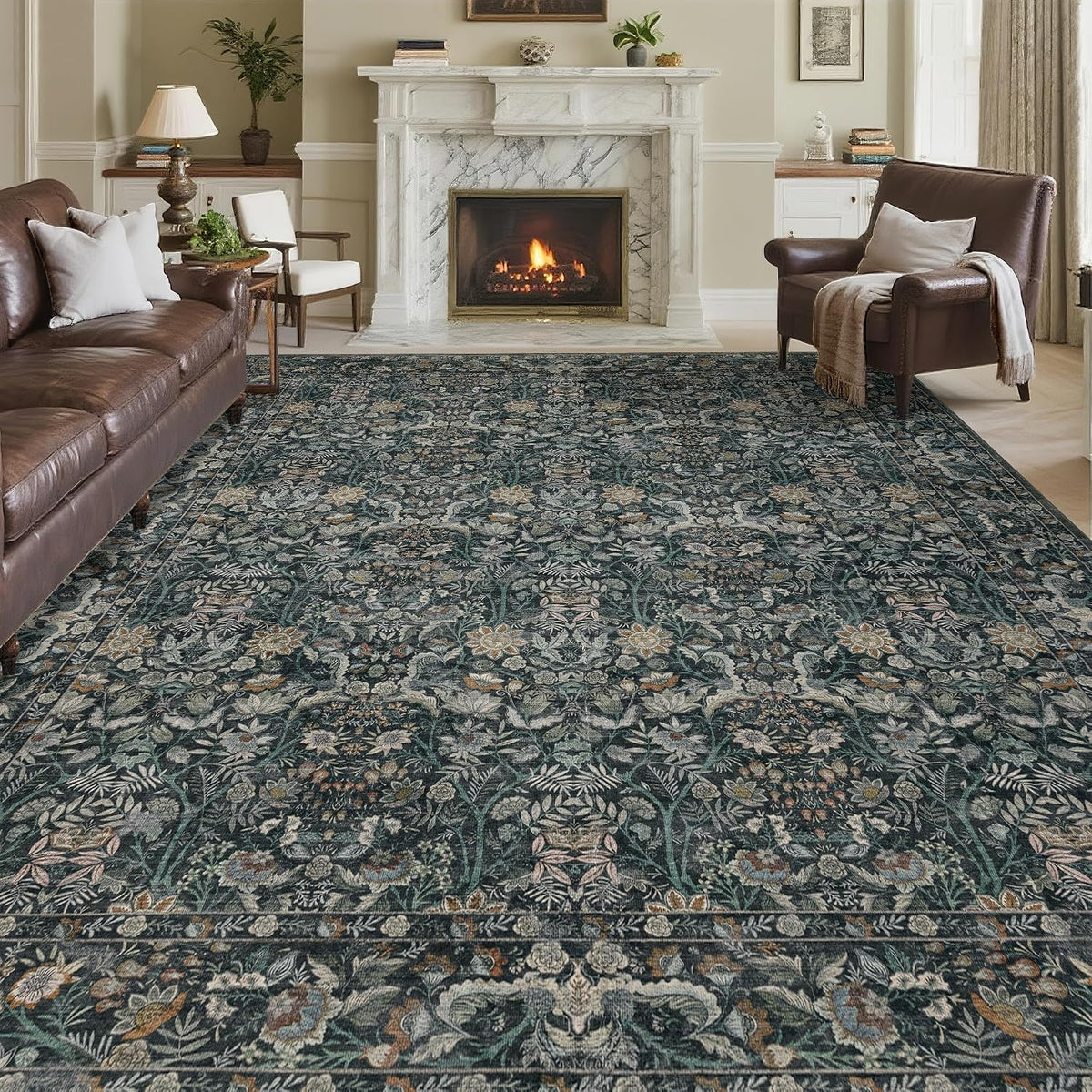 Vintage Botanical Area Rug 8x10: Floral Carpet Non-Slip - Dark Green