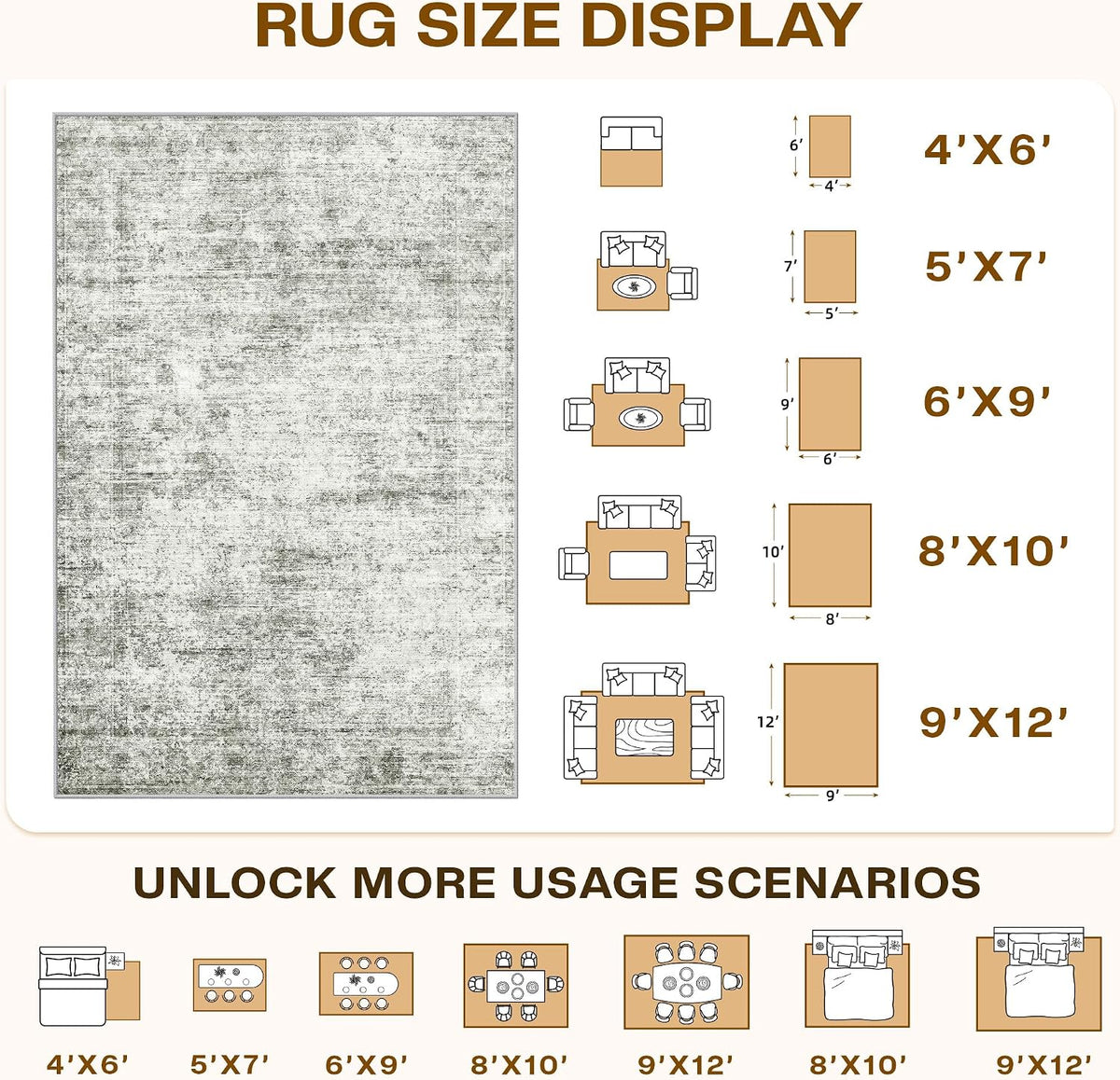 LIVELYGLOW 5x7 Washable Vintage Area Rug, Bedroom Dorm Rug