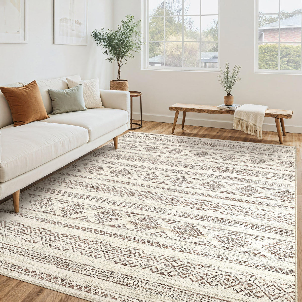 Tortania Area Rug Living Room Rugs - 5x7 Washable Large Soft Neutral Boho Moroccan Bohemian Farmhouse Rug Indoor Floor Carpet for Bedroom Under Dining Table Home Office Decor - Cream Brown