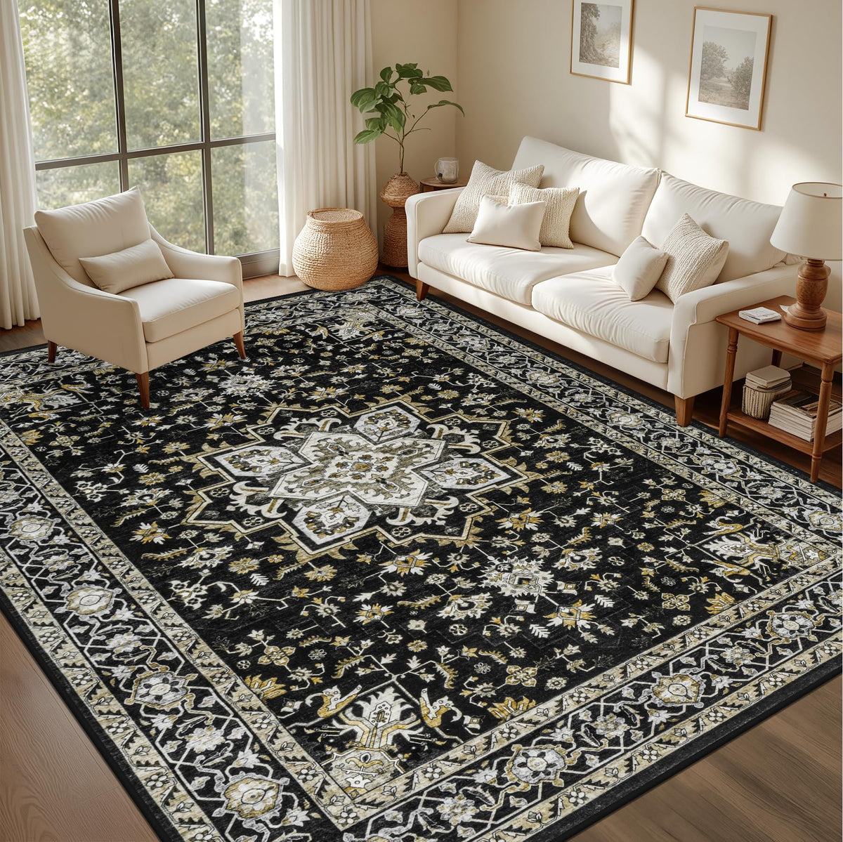 5x7 Area Rugs Living Room: Washable Vintage Rug for Bedroom Beige