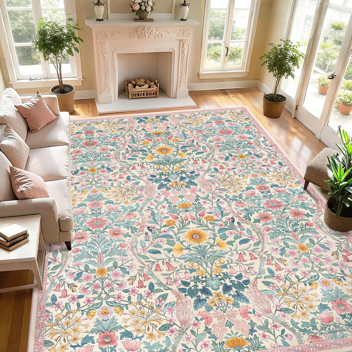 Floral Area Rug 5x7 Botanical Washable Carpet for Living Room