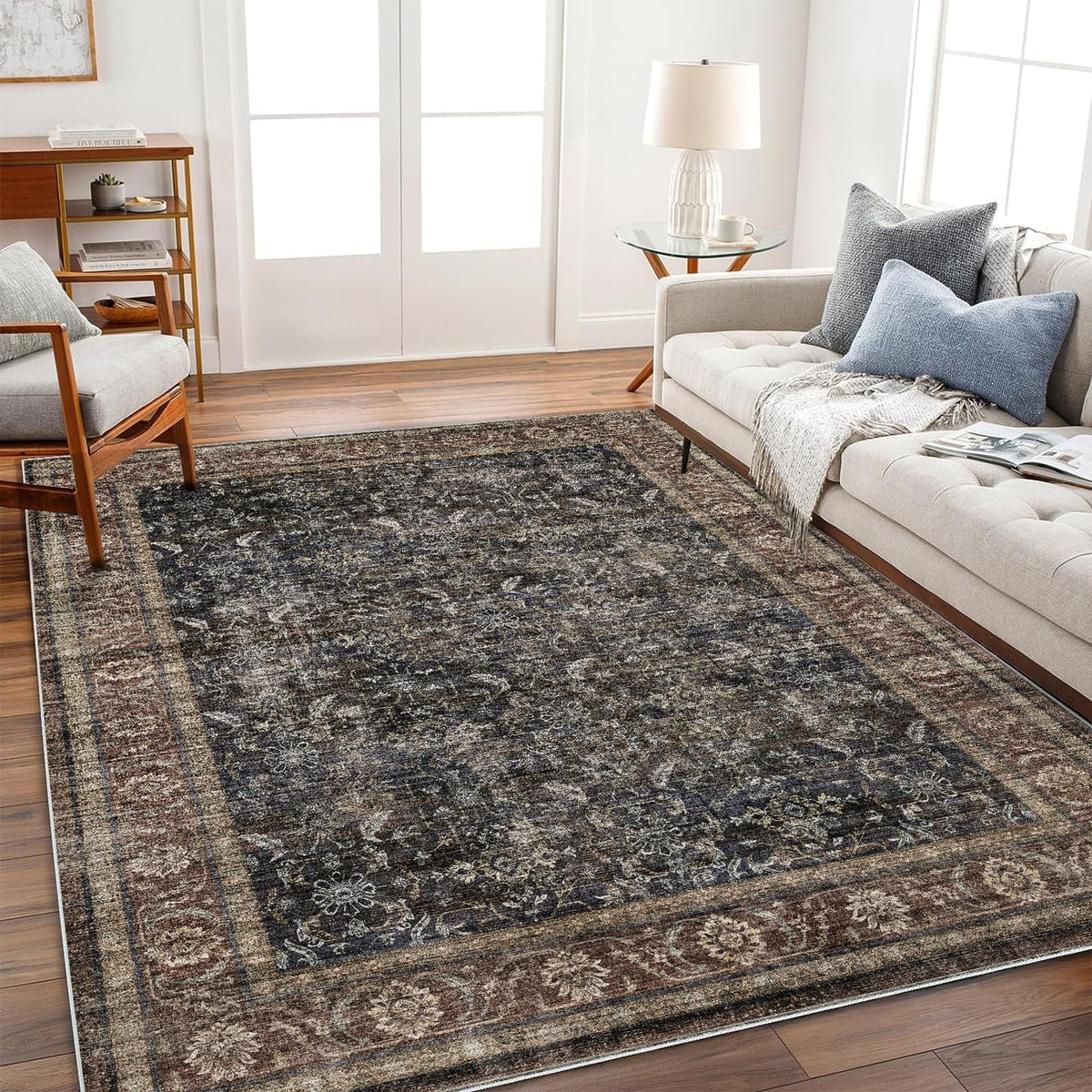 CHAMPLANT 6'x9' Washable Vintage Area Rug Boho Chic Medallion Distressed Design Non-Shedding Easy Care Ideal for High Traffic Areas in Living Room Bedroom Kitchen Office Large Carpet