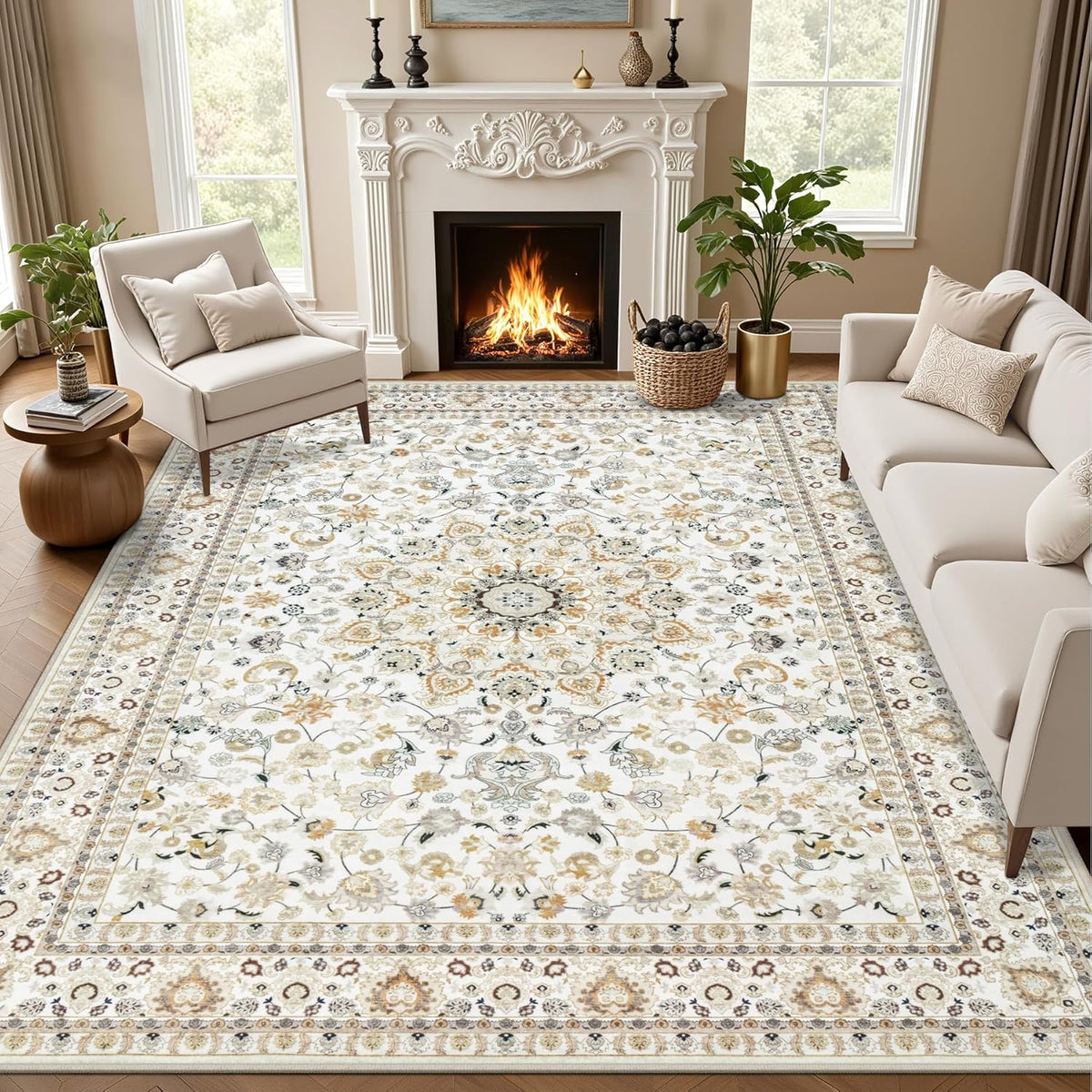 5x7 Area Rugs Living Room: Washable Vintage Rug for Bedroom Beige