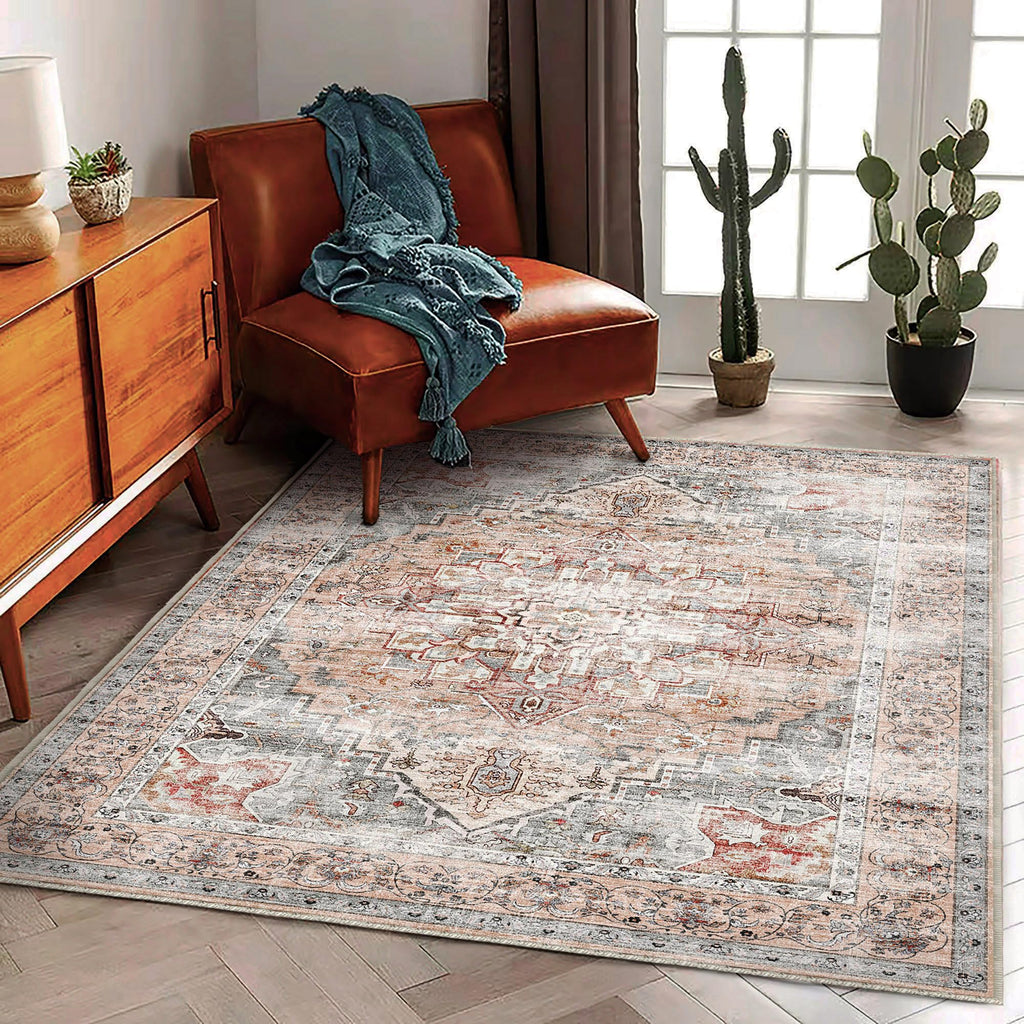 CHAMPLANT 6'x9' Washable Vintage Area Rug Boho Chic Medallion Distressed Design Non-Shedding Easy Care Ideal for High Traffic Areas in Living Room Bedroom Kitchen Office Large Carpet