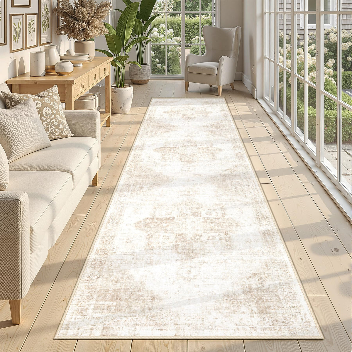 Area Rug 8x10 Washable Rug, Vintage Boho Medallion Rugs Non-Slip Soft Low Pile Large Distressed Rug Indoor Retro Carpet for Living Room Bedroom Dining Room Office Children's Room(Beige, 8'x10')