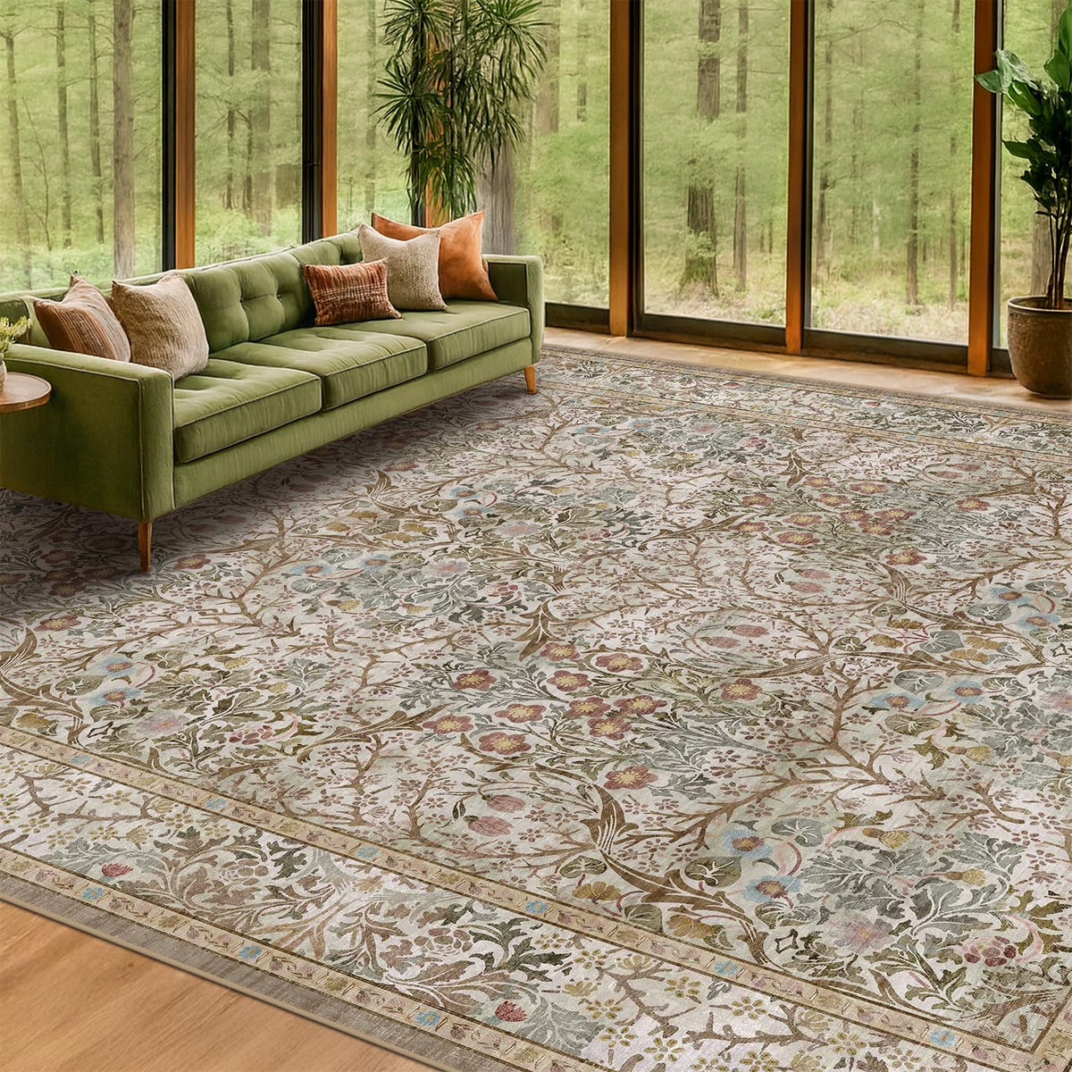 Vintage Floral Dark Green 3x5 Area Rugs for Entryway, Kitchen, Bedroom Beside Rug, Laundry Room, Non-Slip Low Pile Ultra Soft Stain Resistant Small Carpet