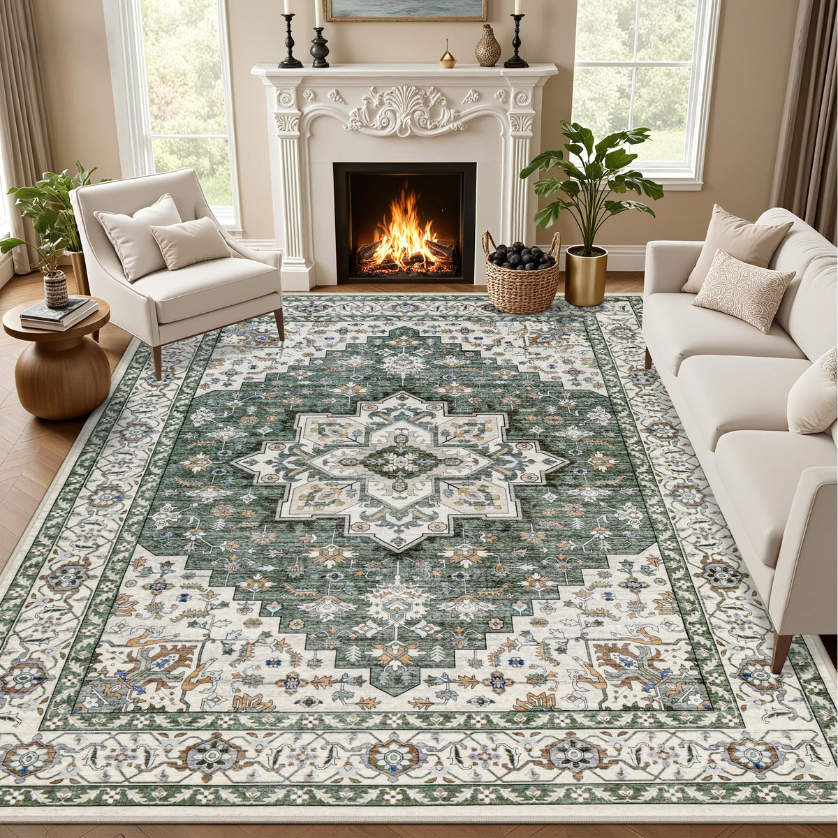 5x7 Area Rugs Living Room: Washable Vintage Rug for Bedroom Beige