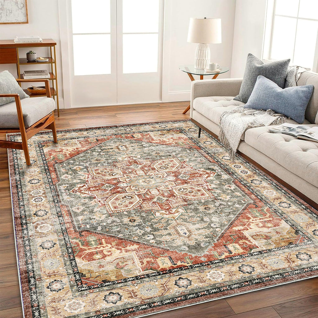 CHAMPLANT 6'x9' Washable Vintage Area Rug Boho Chic Medallion Distressed Design Non-Shedding Easy Care Ideal for High Traffic Areas in Living Room Bedroom Kitchen Office Large Carpet