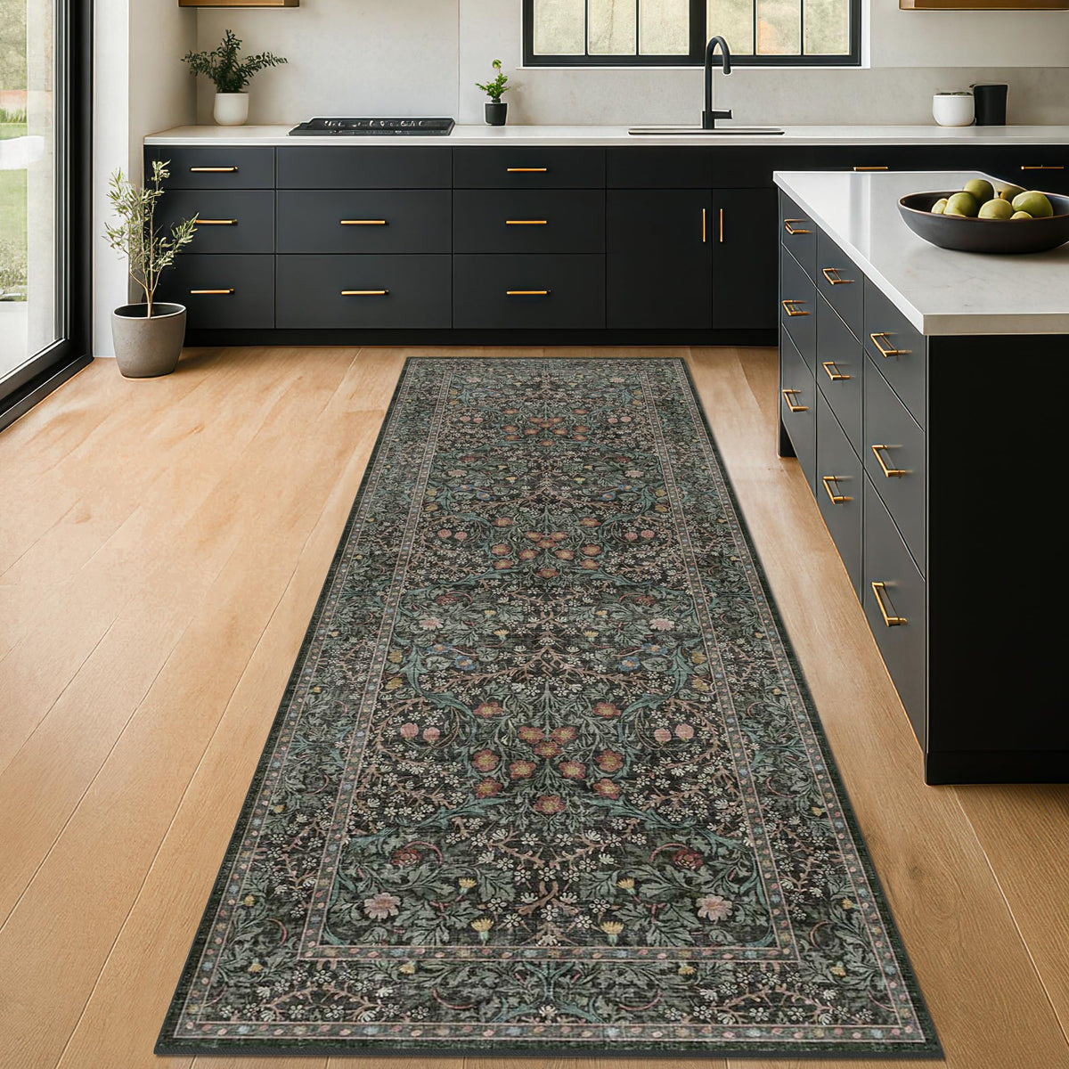 Vintage Floral Dark Green 3x5 Area Rugs for Entryway, Kitchen, Bedroom Beside Rug, Laundry Room, Non-Slip Low Pile Ultra Soft Stain Resistant Small Carpet