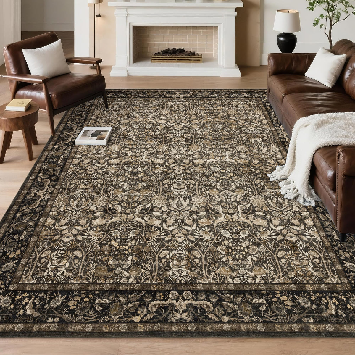Vintage Botanical Area Rug 8x10: Floral Carpet Non-Slip - Dark Green