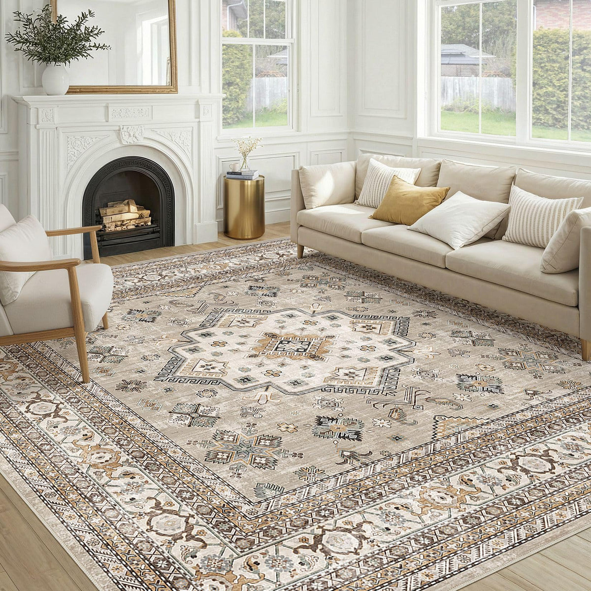 cotiled 5x7 Area Rug for Living Room, Washable, Traditional, Beige