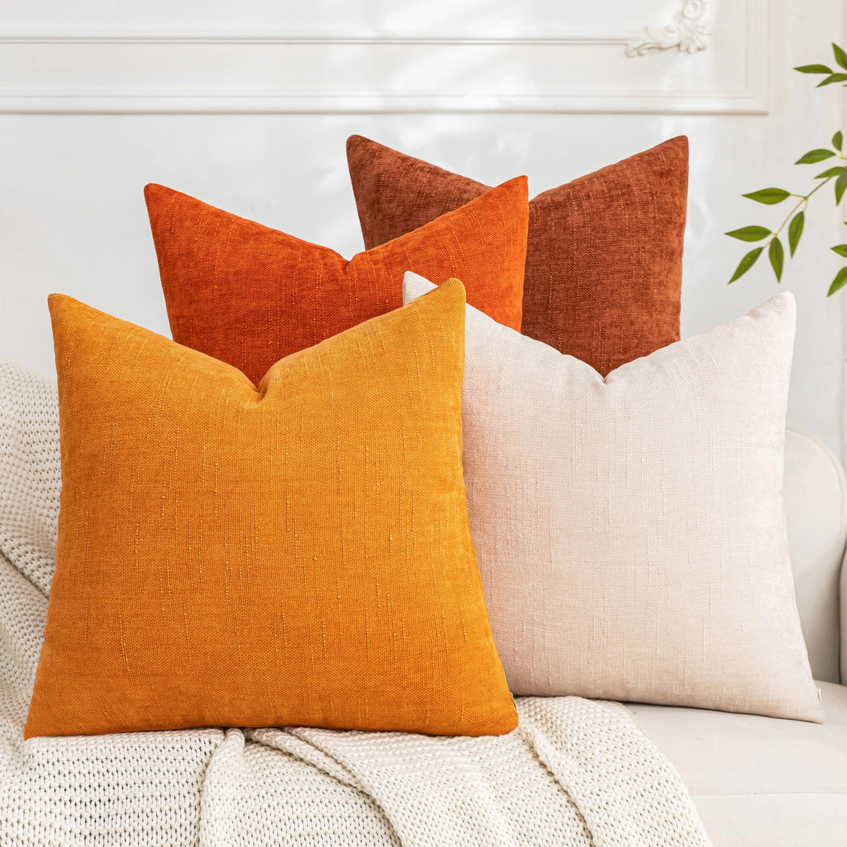 Set of 4 Soft Textured Throw Pillow Covers 18x18 Inch Cozy Decorative Farmhouse Cushion Cover Square Accent Pillow Cases for Bed Couch Sofa Living Room, Beige Taupe Brown