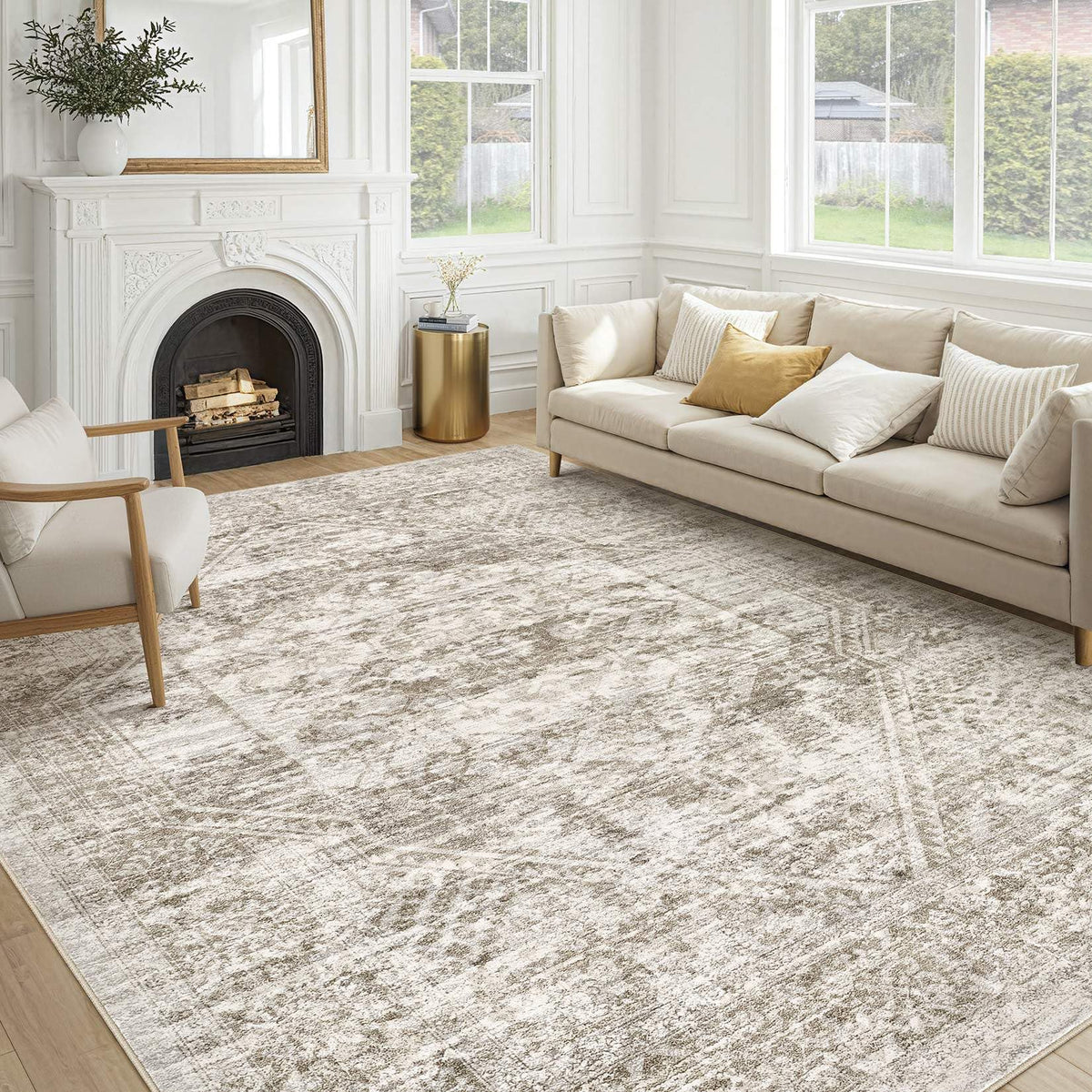 cotiled 5x7 Area Rug for Living Room, Washable, Traditional, Beige