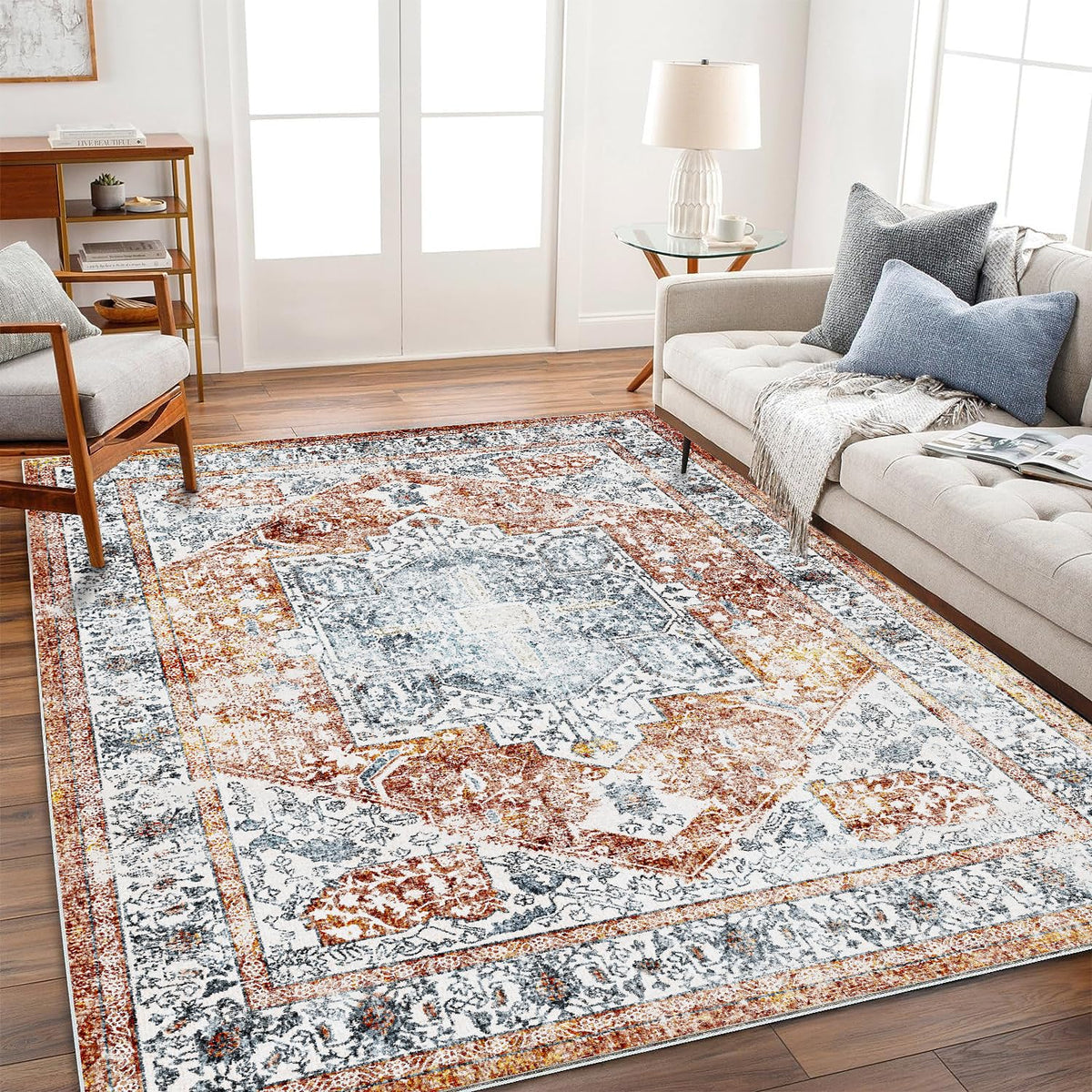 CHAMPLANT 6'x9' Washable Vintage Area Rug Boho Chic Medallion Distressed Design Non-Shedding Easy Care Ideal for High Traffic Areas in Living Room Bedroom Kitchen Office Large Carpet
