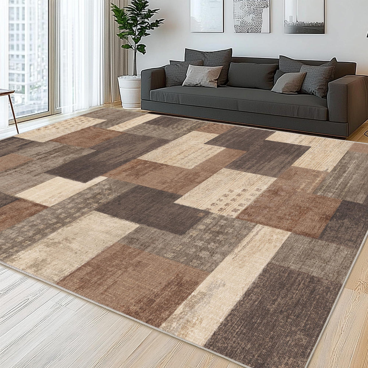 Modern Geometric Patchwork Indoor Area Rug for Living Room, Chocolate 5'x 7' Large Rug Rockwood Collection Hardwood Floors Decor for Bedroom, Brown Throw Carpet for Office Entryway Dining Room