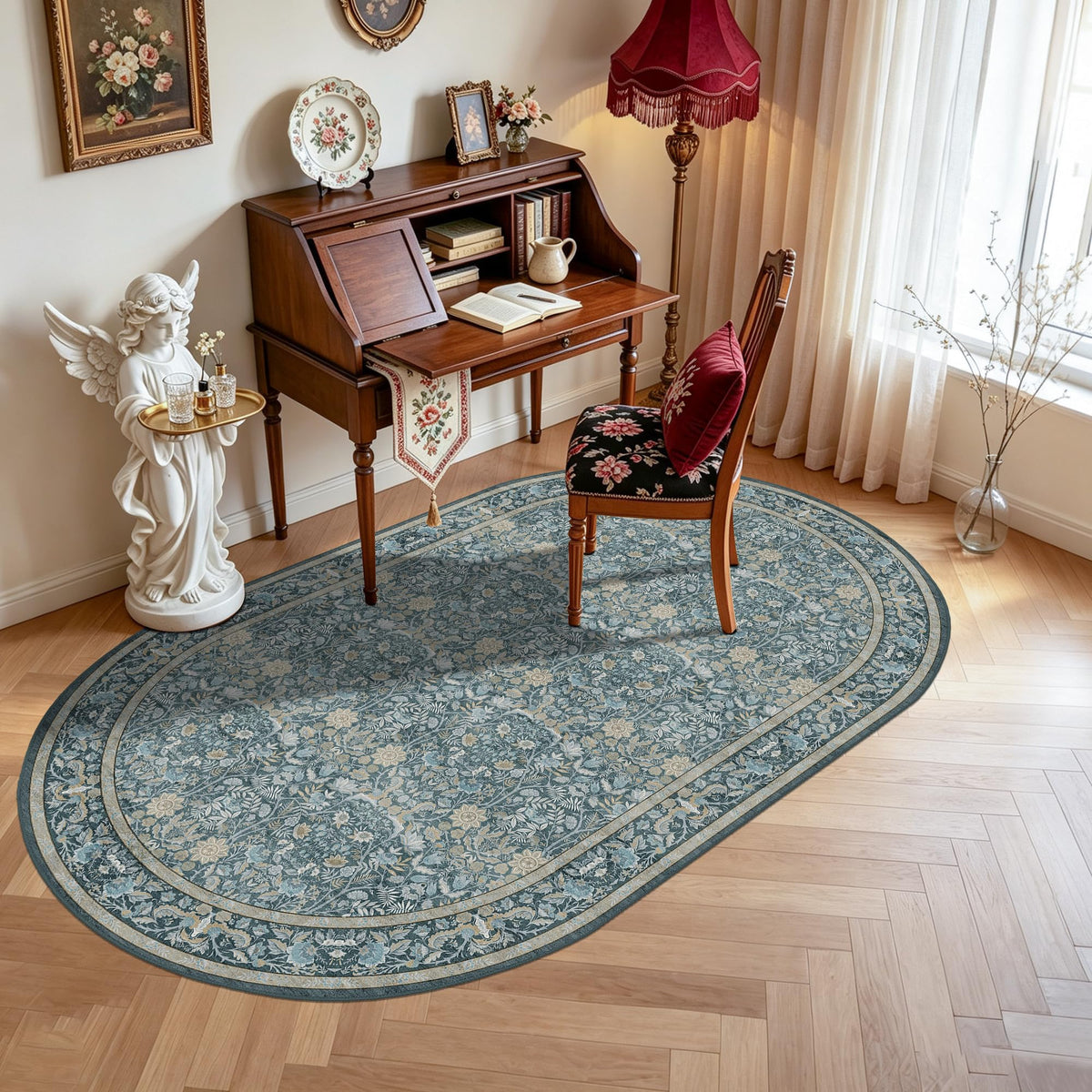 Vintage Botanical Area Rug 8x10: Floral Carpet Non-Slip - Dark Green