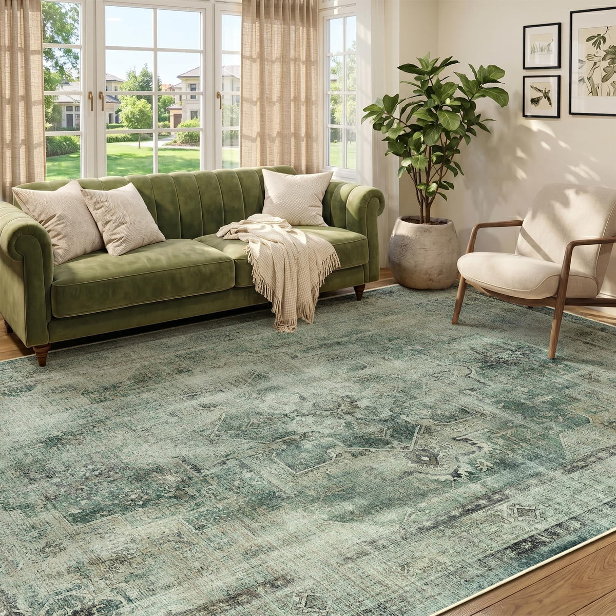 Vintage Dark Green Area Rugs 5x7 for Living Room, Tranditional Distressed Medallion Printed Low Pile Thin Rugs for Bedroom, Non Slip Washable Carpet Rugs for Dining Room/Kitchen/Home Office