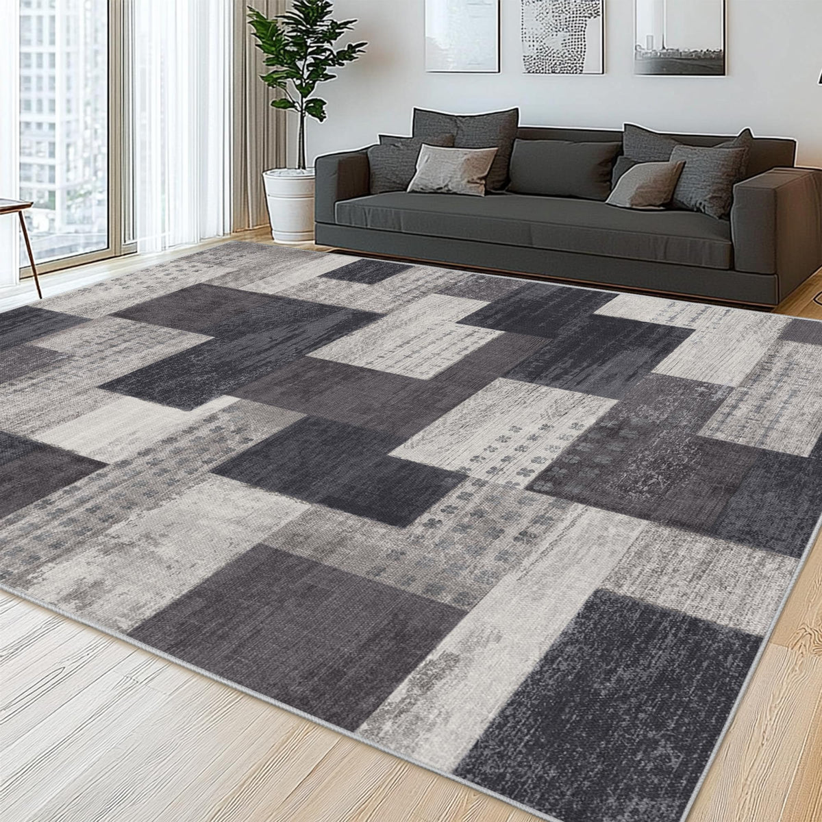 Modern Geometric Patchwork Indoor Area Rug for Living Room, Chocolate 5'x 7' Large Rug Rockwood Collection Hardwood Floors Decor for Bedroom, Brown Throw Carpet for Office Entryway Dining Room