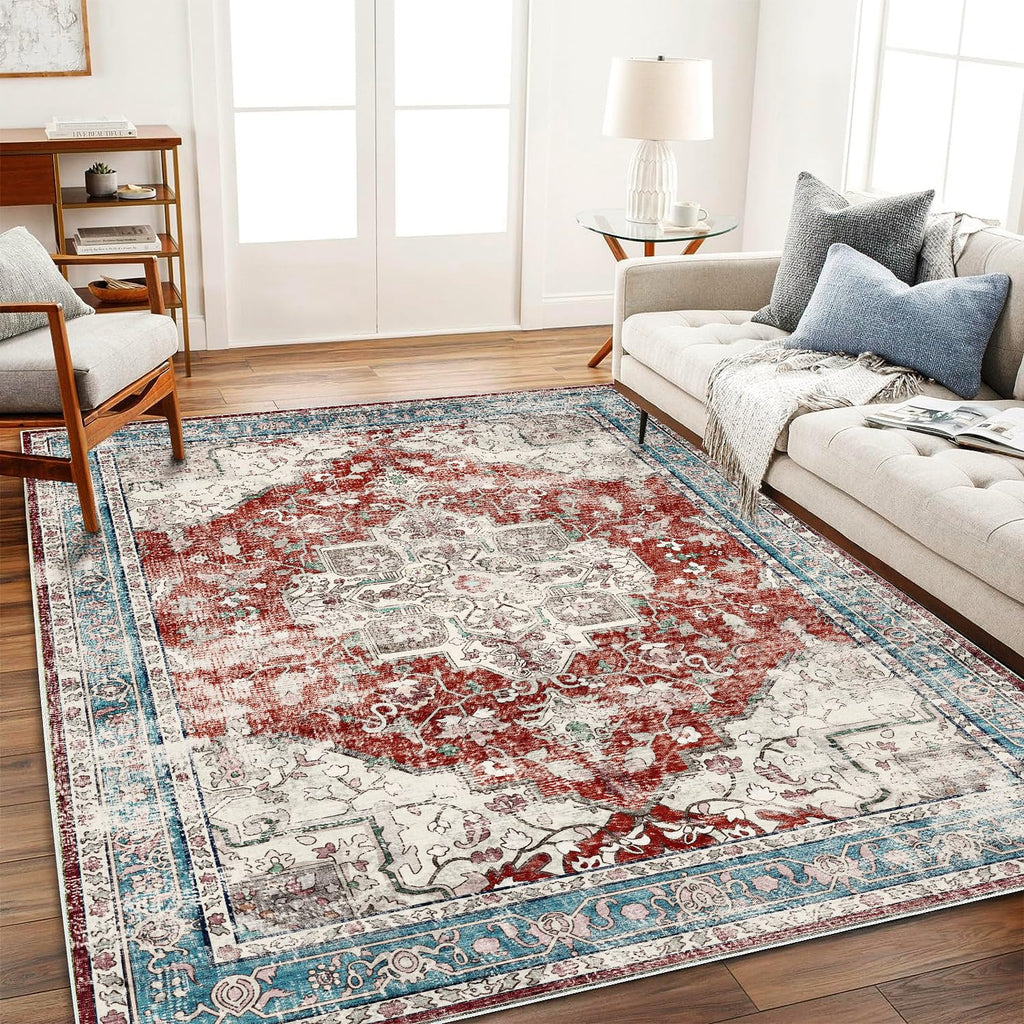 CHAMPLANT 6'x9' Washable Vintage Area Rug Boho Chic Medallion Distressed Design Non-Shedding Easy Care Ideal for High Traffic Areas in Living Room Bedroom Kitchen Office Large Carpet