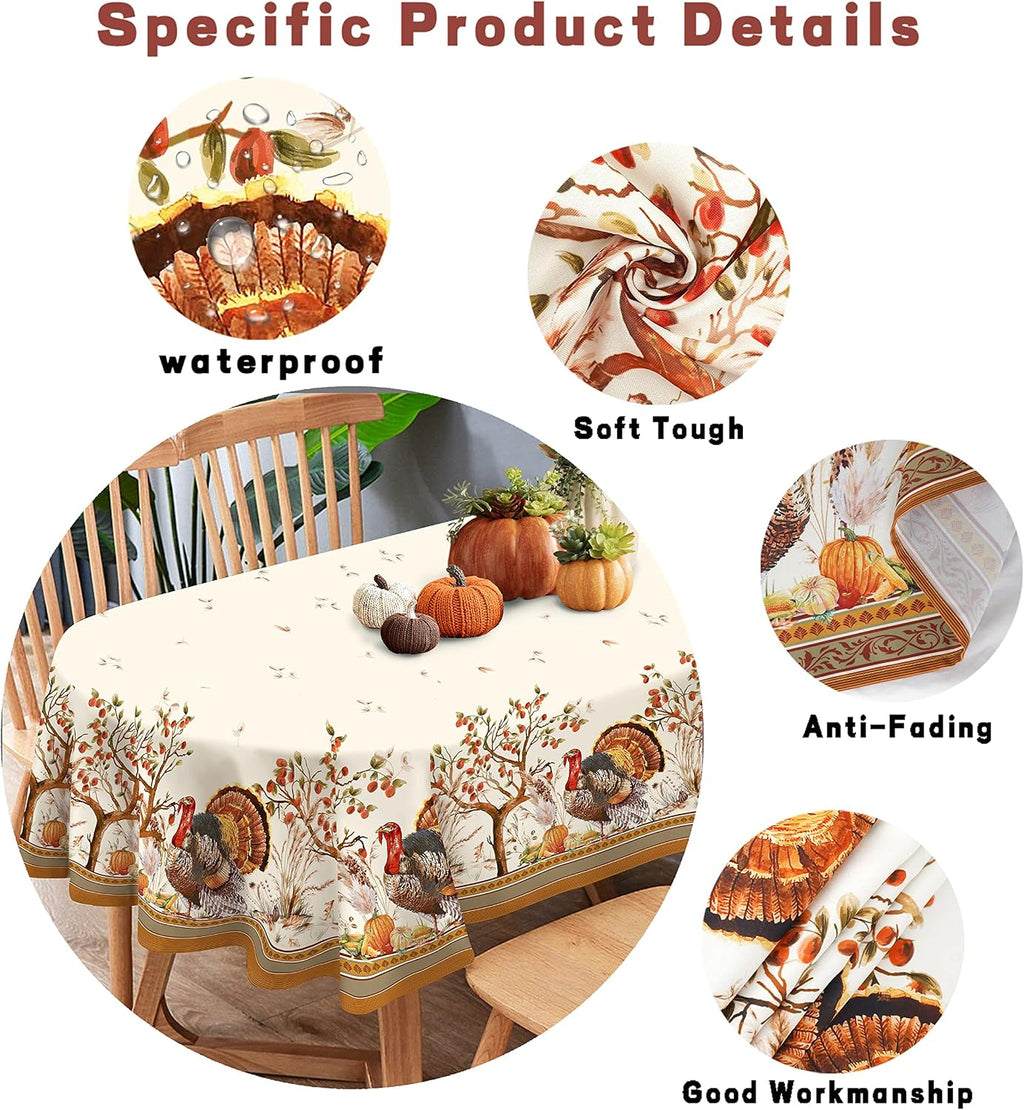 Fall Thanksgiving Double Border Decoration Tablecloth, Turkey & Pumpkin Harvest Tablecloths, Waterproof Table Cover for Dinner Kitchen Party Holiday Decorations Oval 54 x 72 Inch