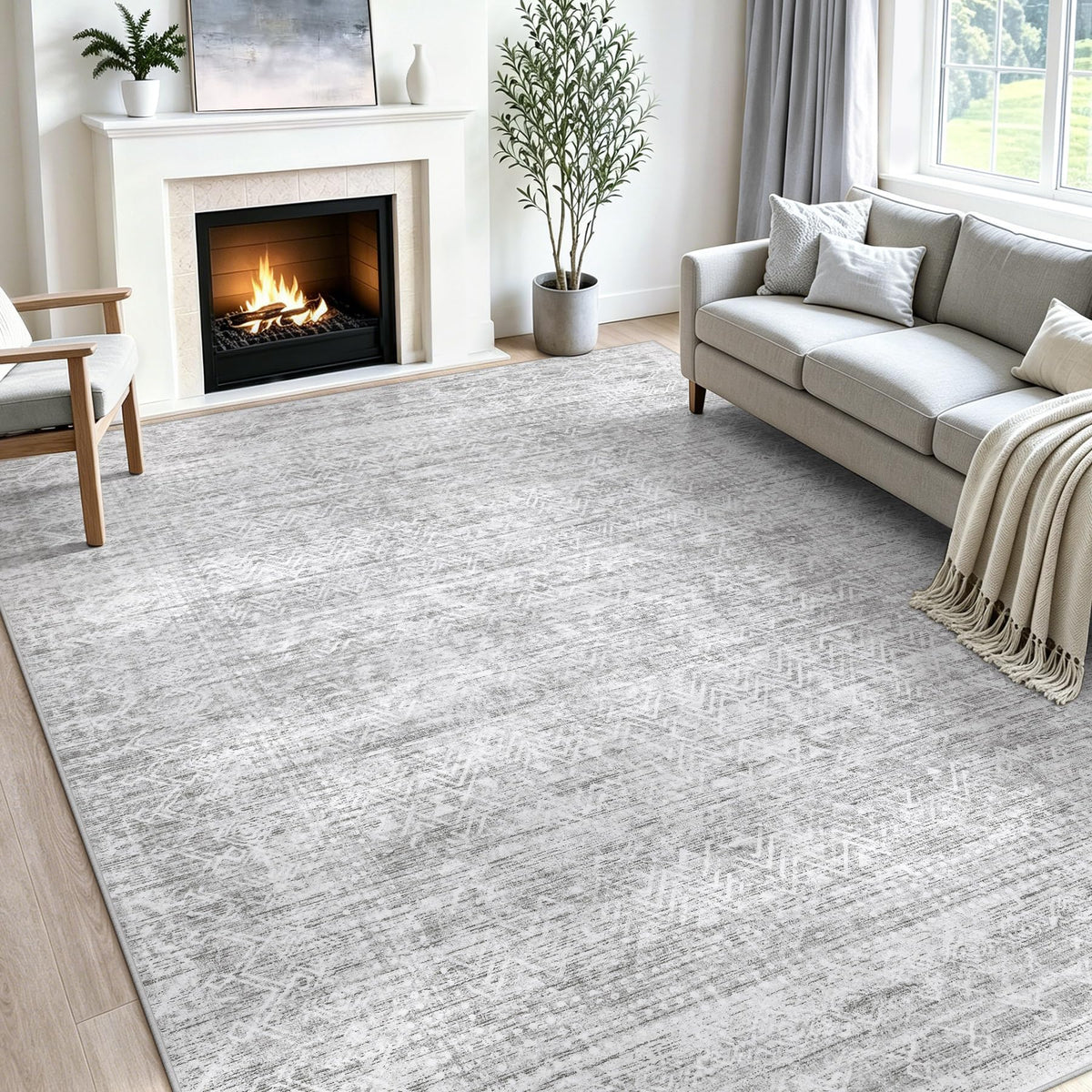 6x9 Area Rugs, Beige Washable Geometric Boho Rug for Living Room, Bedroom