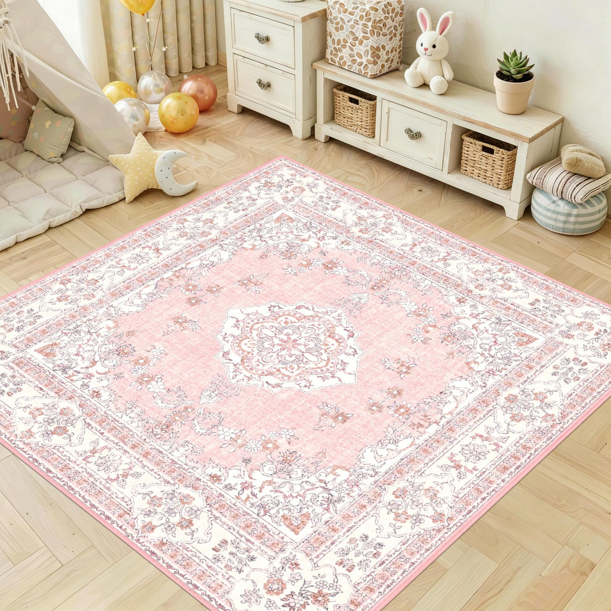 Soft Pink Rug for Girls Room: 5x8 Vintage Washable Carpet Bedroom Nursery
