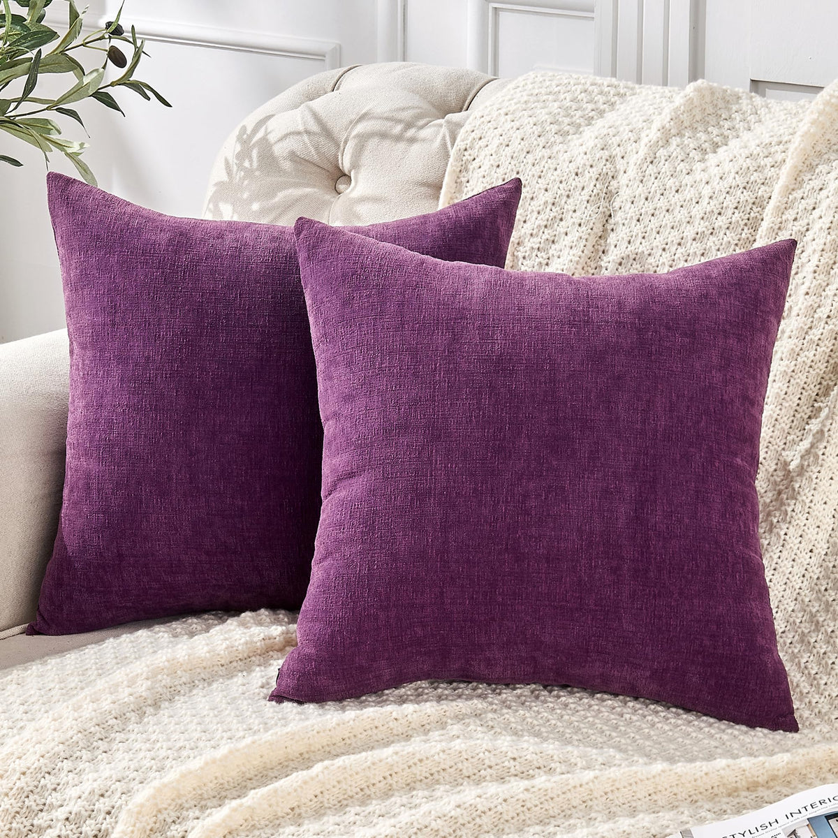 GAWAMAY Decorative Throw Pillow Covers 16x16 Inch Set of 2, Super Soft Chenille Square Pillows Farmhouse Fall Pillowcase for Living Room Bedroom Sofa Couch Cushion Cover Navy Blue 40x40cm