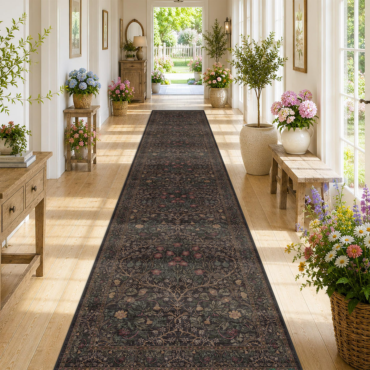 Vintage Floral Dark Green 3x5 Area Rugs for Entryway, Kitchen, Bedroom Beside Rug, Laundry Room, Non-Slip Low Pile Ultra Soft Stain Resistant Small Carpet