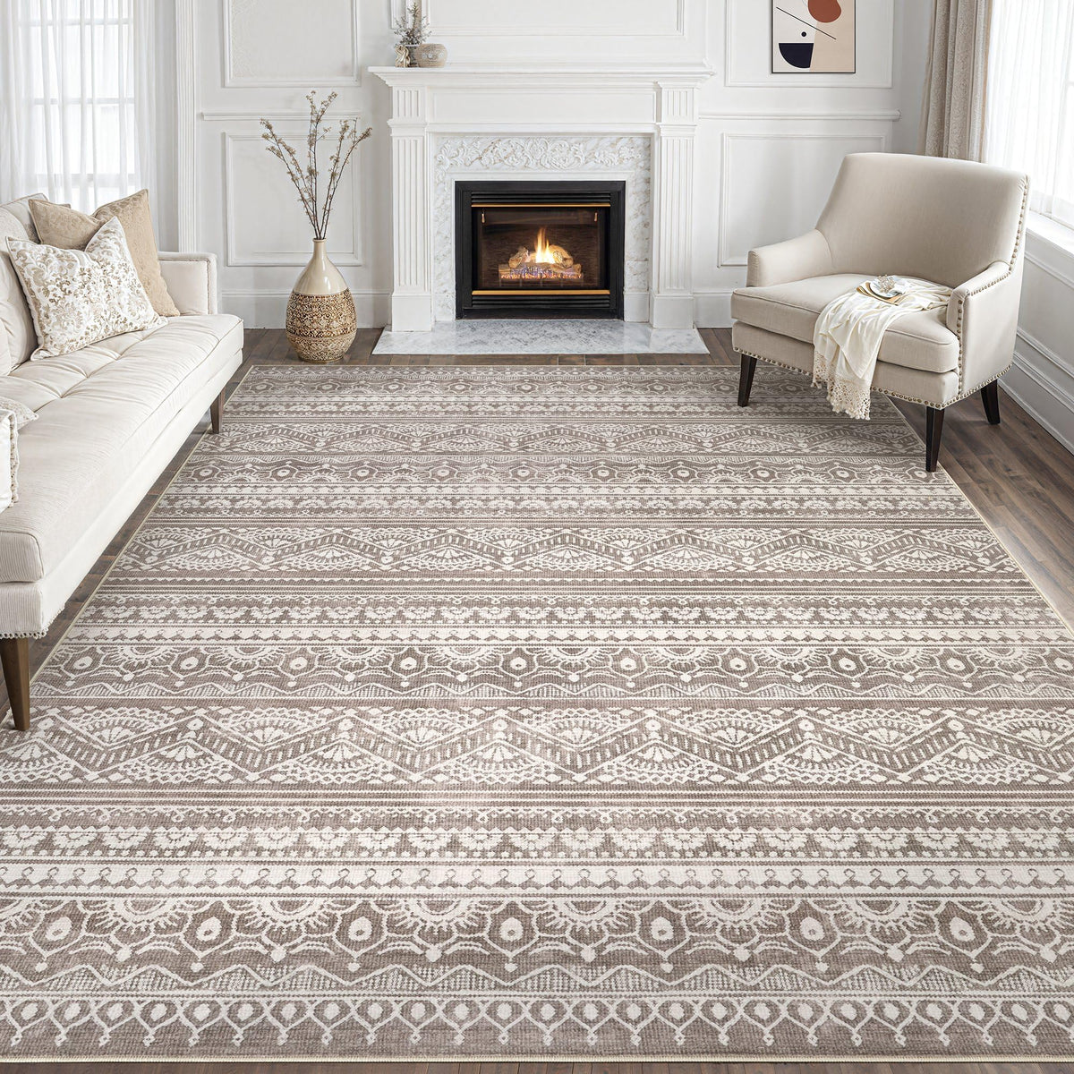 Tortania Area Rug Living Room Rugs - 5x7 Washable Large Soft Neutral Boho Moroccan Bohemian Farmhouse Rug Indoor Floor Carpet for Bedroom Under Dining Table Home Office Decor - Cream Brown