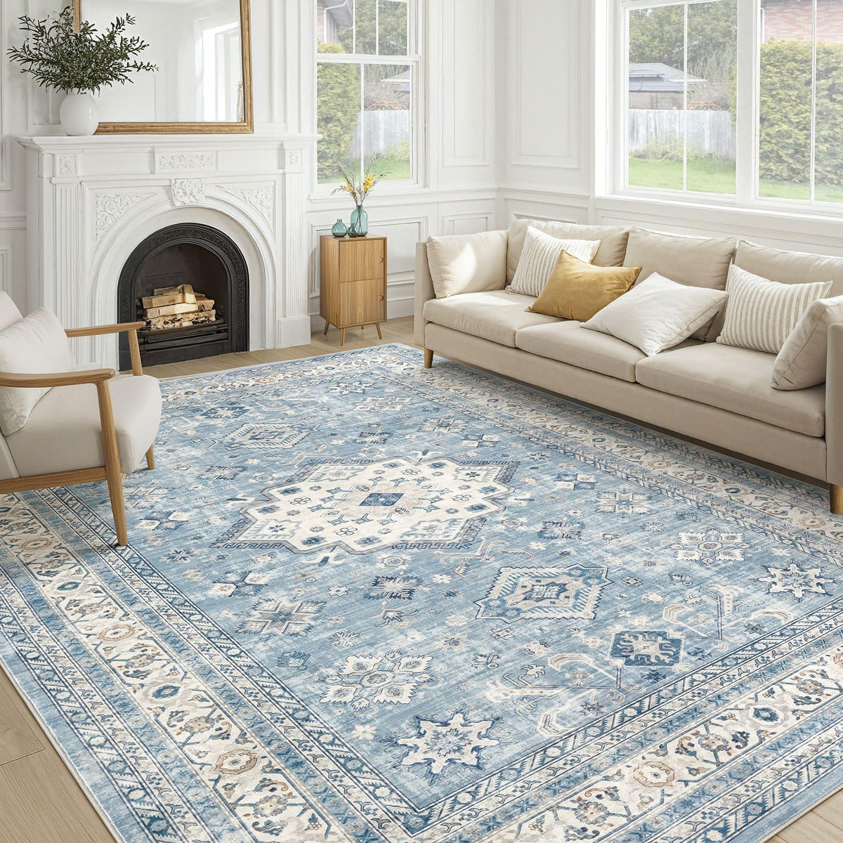 cotiled 5x7 Area Rug for Living Room, Washable, Traditional, Beige