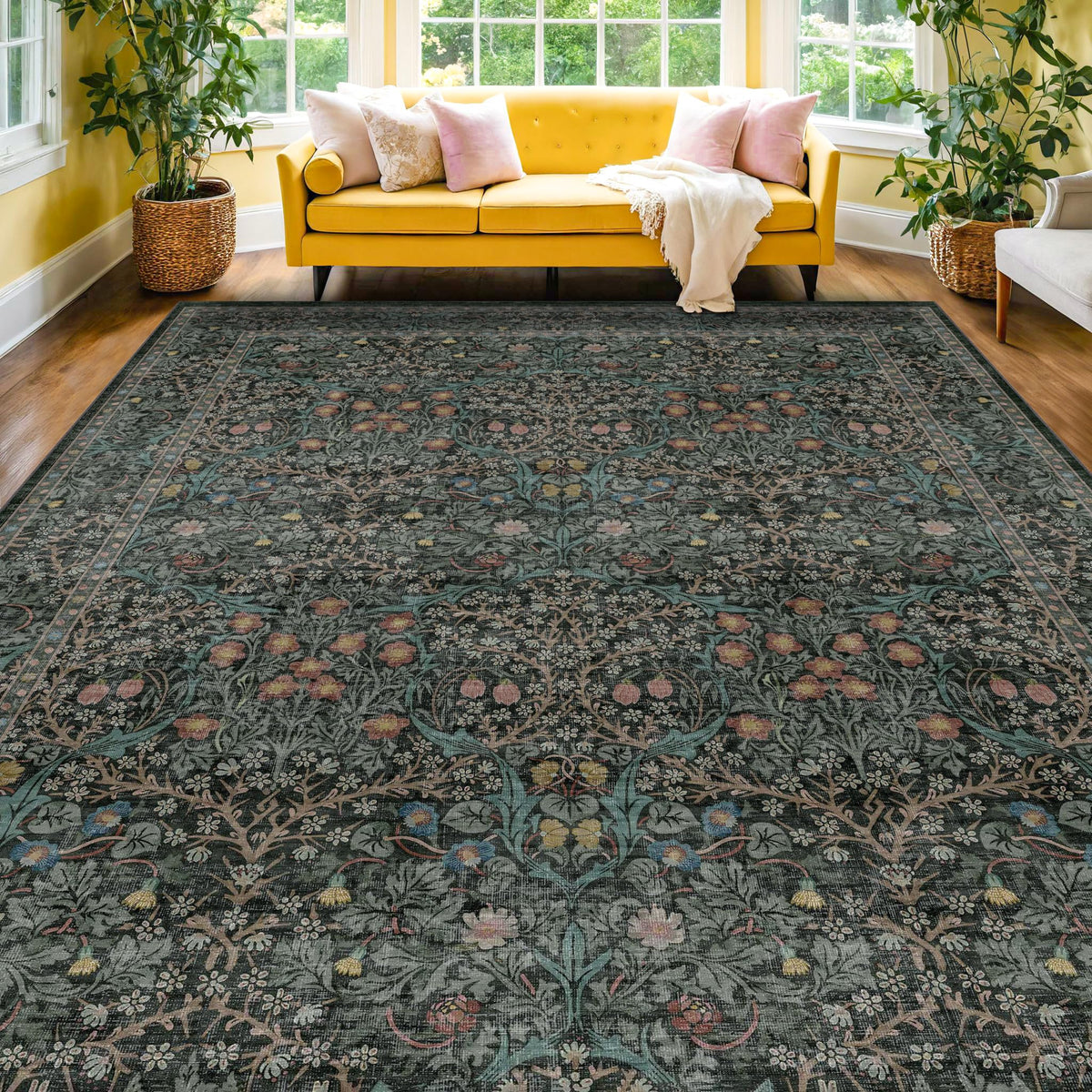 Vintage Floral Dark Green 3x5 Area Rugs for Entryway, Kitchen, Bedroom Beside Rug, Laundry Room, Non-Slip Low Pile Ultra Soft Stain Resistant Small Carpet