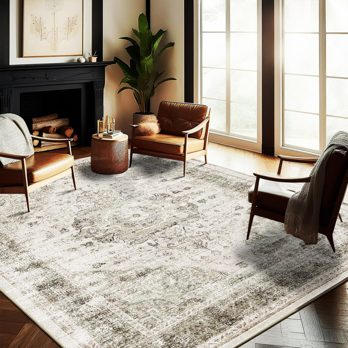 CHAMPLANT 6'x9' Washable Vintage Area Rug Boho Chic Medallion Distressed Design Non-Shedding Easy Care Ideal for High Traffic Areas in Living Room Bedroom Kitchen Office Large Carpet