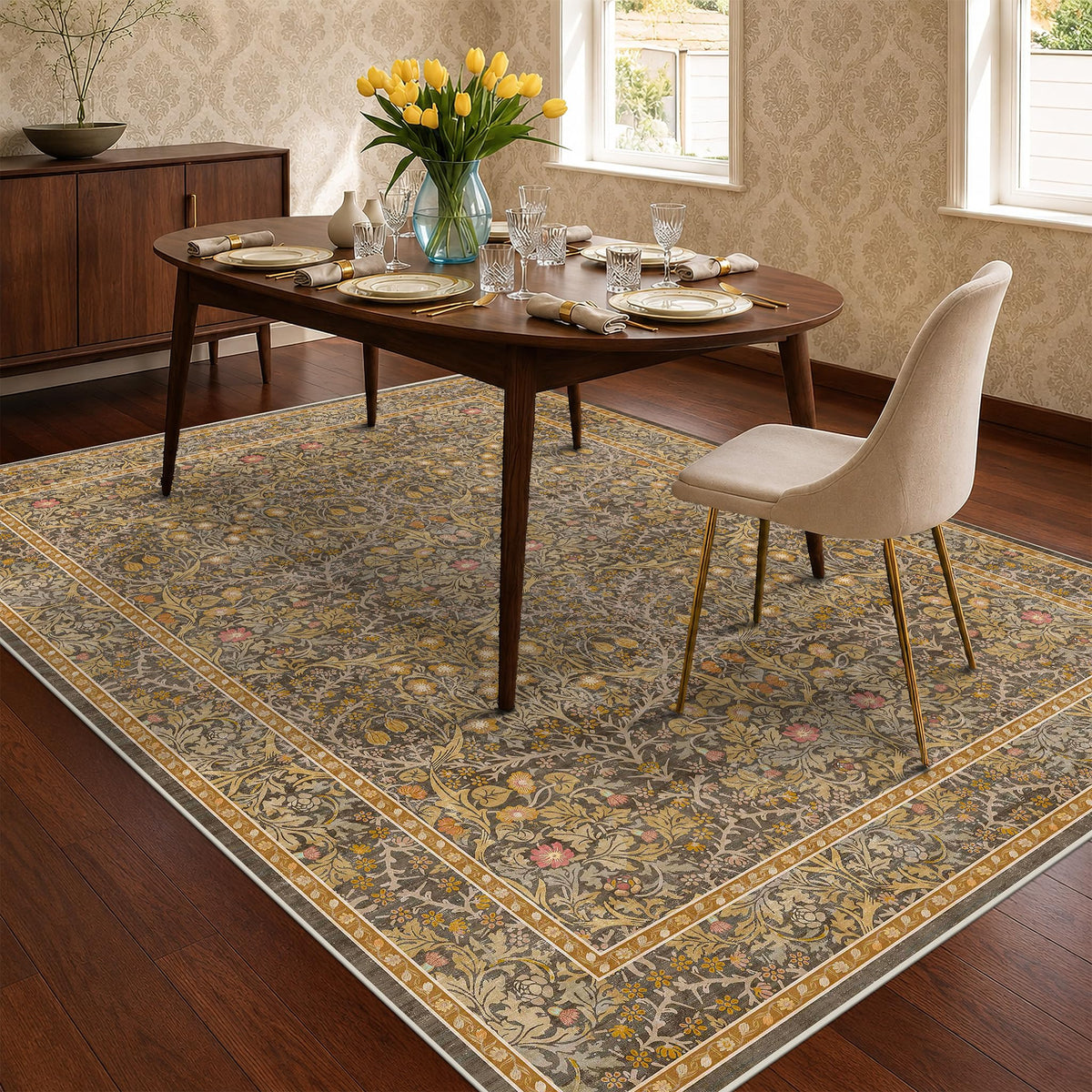 Vintage Floral Dark Green 3x5 Area Rugs for Entryway, Kitchen, Bedroom Beside Rug, Laundry Room, Non-Slip Low Pile Ultra Soft Stain Resistant Small Carpet