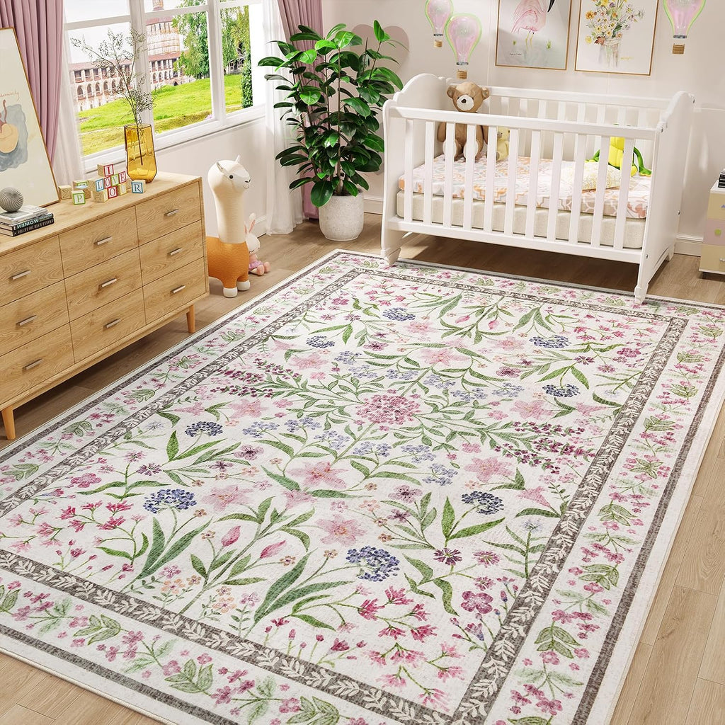 Amearea 6x9 Pink Rugs for Bedroom Girls, Floral Area Rugs for Living Room