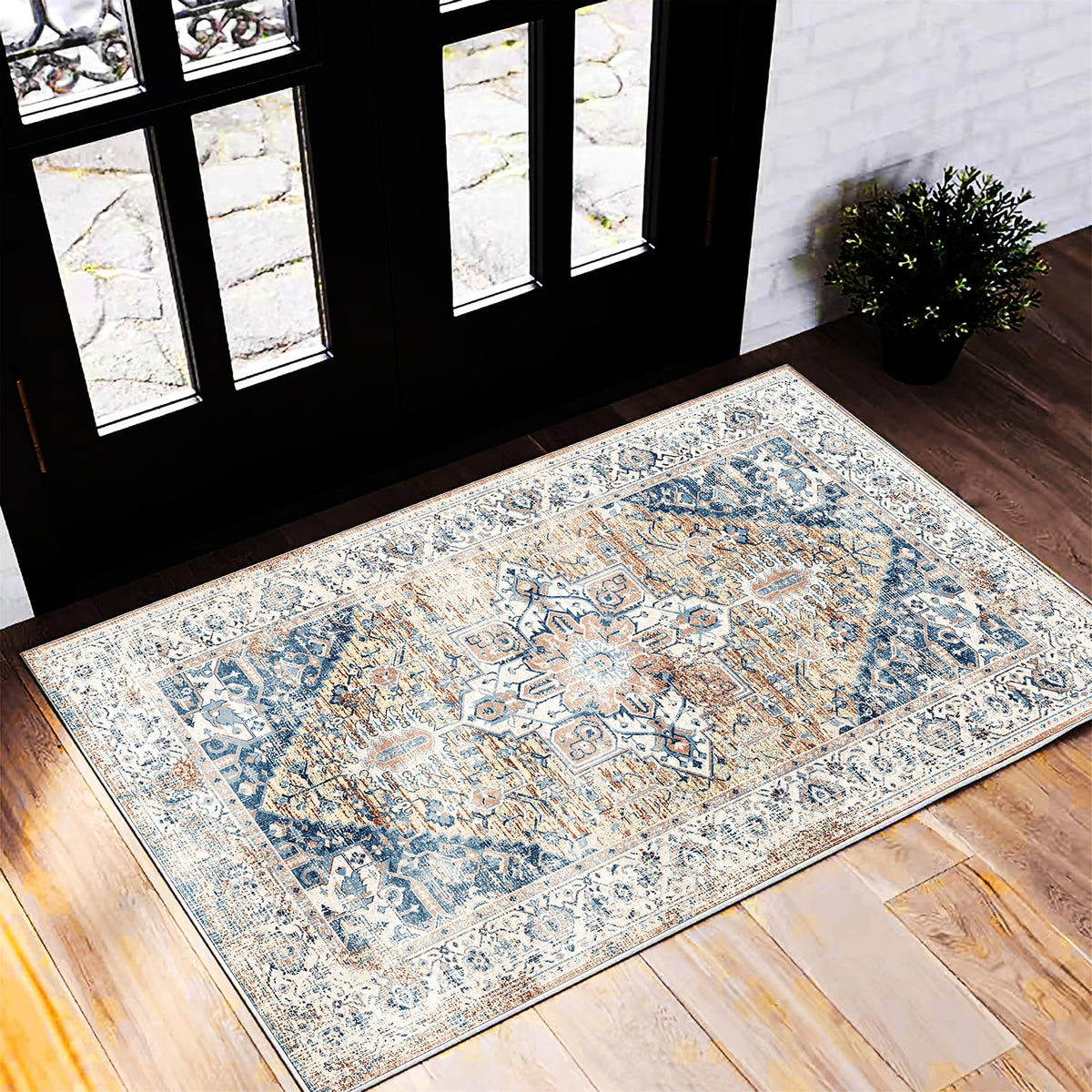 CHAMPLANT 6'x9' Washable Vintage Area Rug Boho Chic Medallion Distressed Design Non-Shedding Easy Care Ideal for High Traffic Areas in Living Room Bedroom Kitchen Office Large Carpet