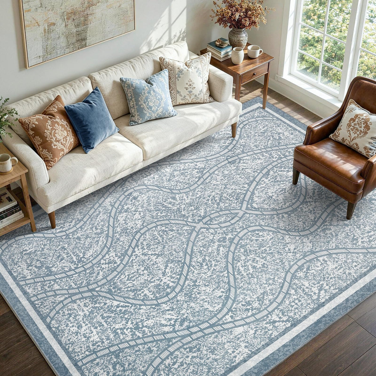 6x9 Ft Large Area Rugs for Living Room, Soft Non-Slip Washable Rugs Modern Abstract Pattern Carpet for Bedroom Indoor Floor Nursery Home Decor (Blue)