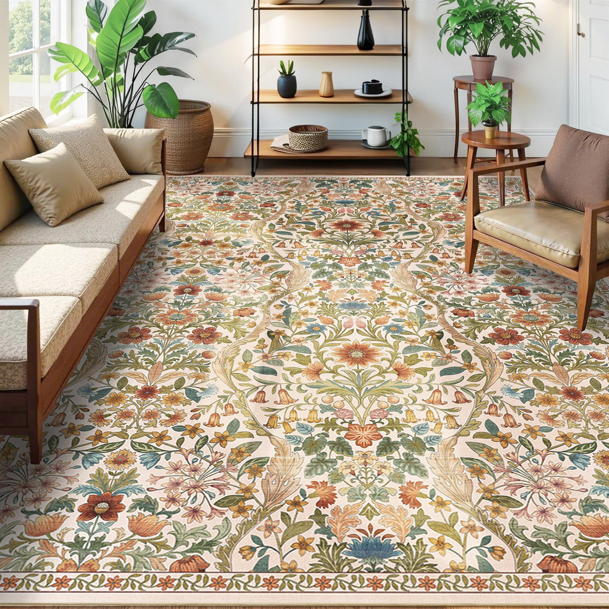 Floral Area Rug 5x7 Botanical Washable Carpet for Living Room